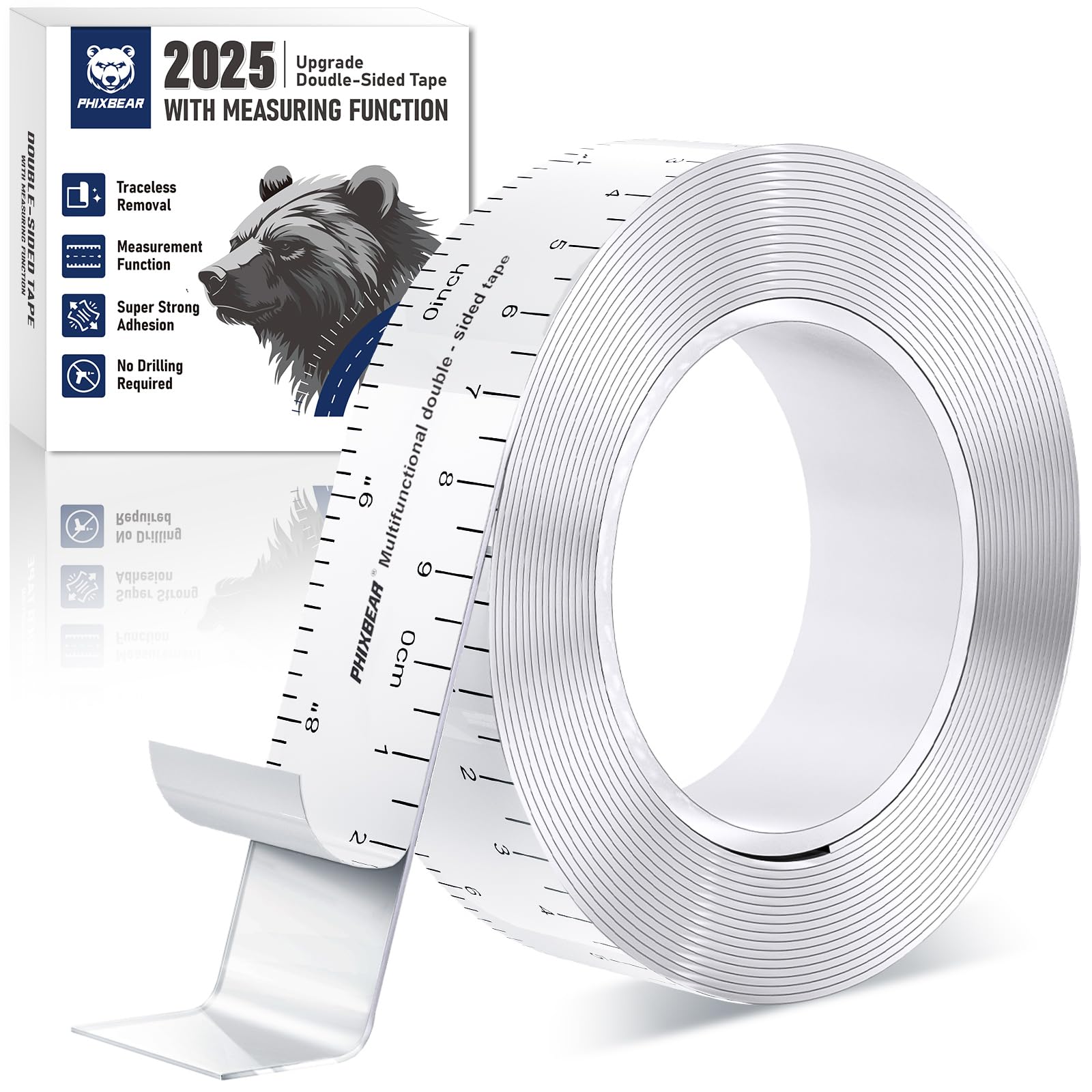 PHIXBEAR Heavy Duty Mounting Tape with Inch Measure Mark, Removable Clear Traceless Double Sided Strong Adhesive Tape for Wall, Carpet, Poster, Dorm Room, No Residue 1.18" x 15Ft