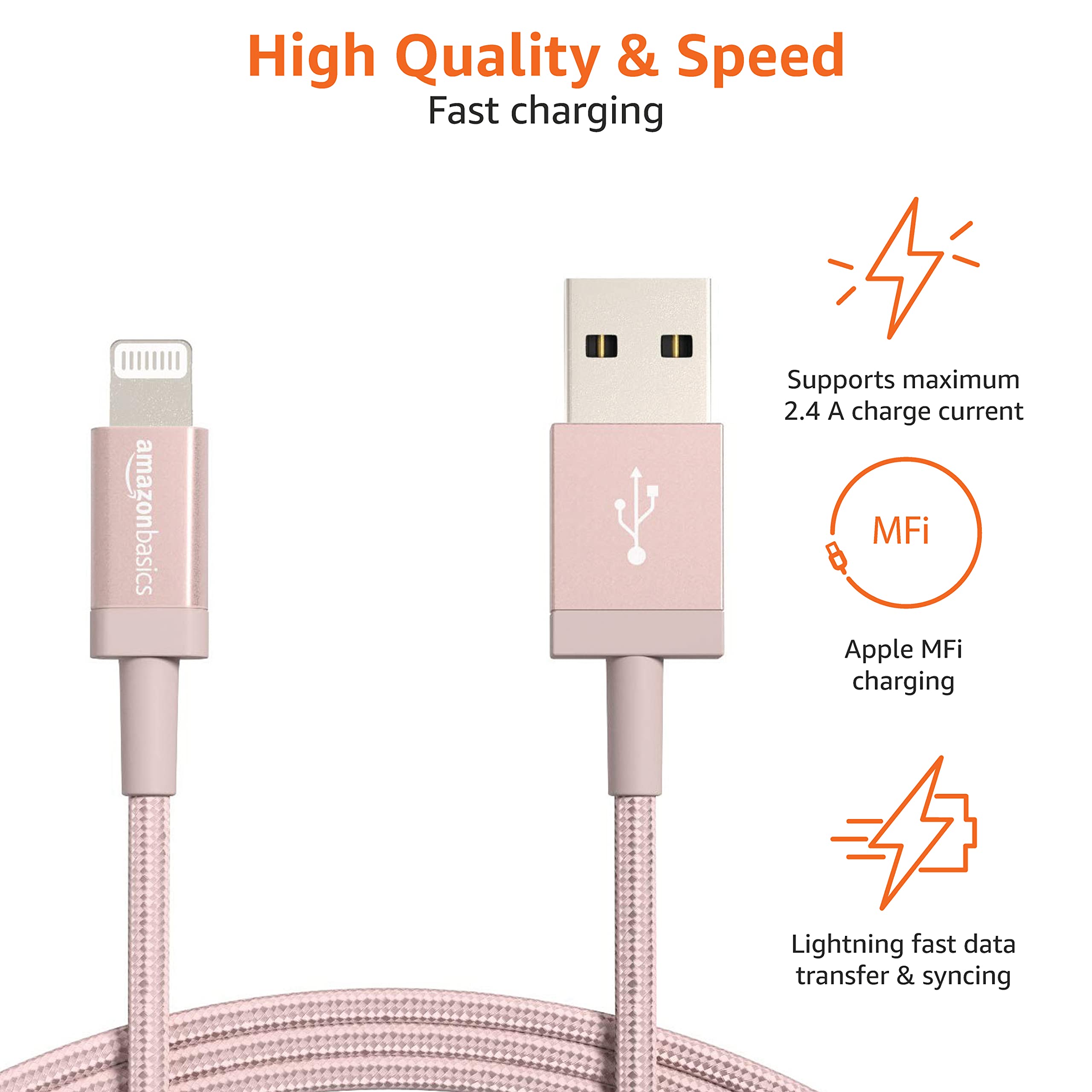 Amazon Basics USB-A to Lightning Charger Cable, Nylon Braided Cord, MFi Certified Charger for Apple iPhone 14 13 12 11 X Xs Pro, Pro Max, Plus, iPad, 3 Foot, Rose Gold