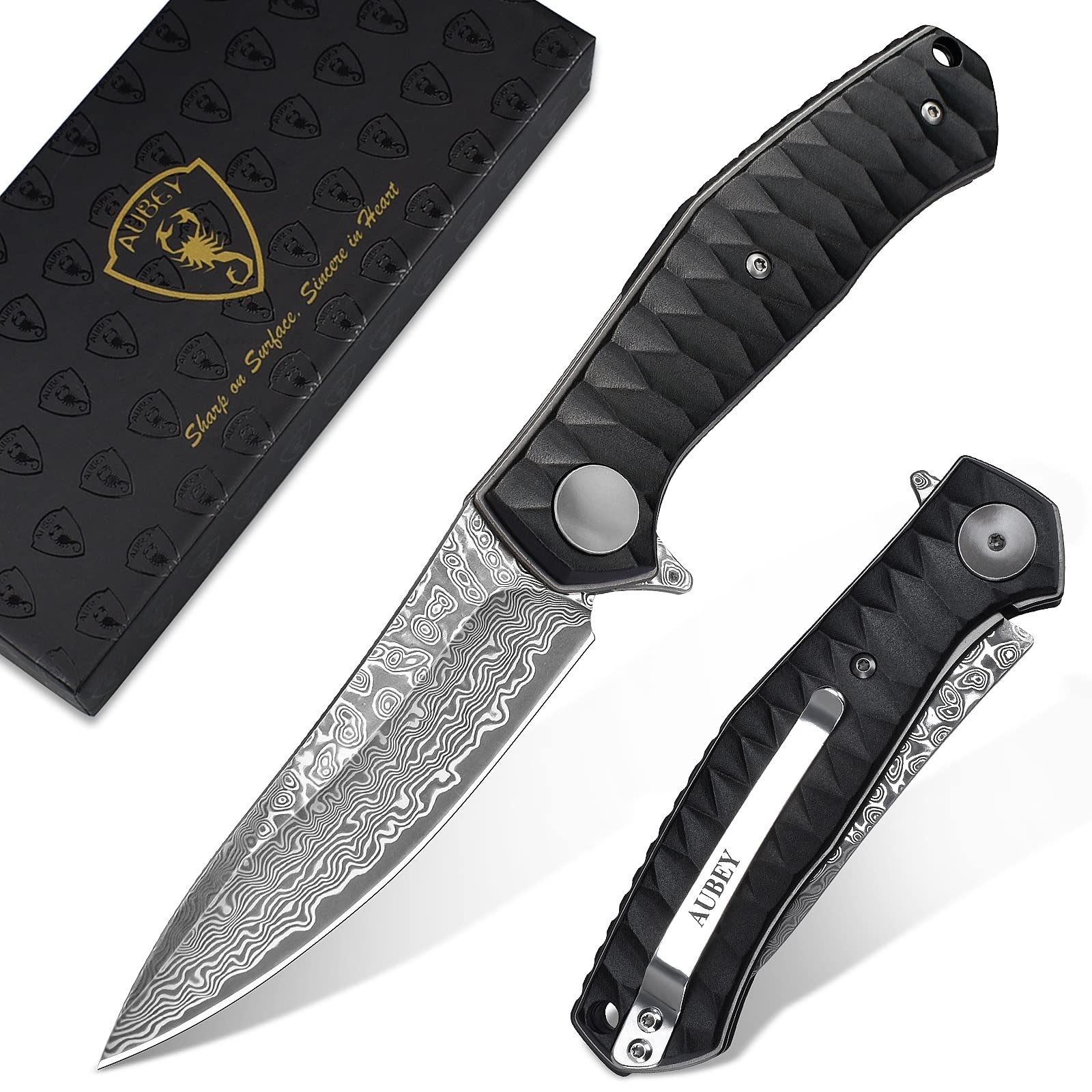 AUBEY Damascus Pocket Knife for Men with Clip EDC, 3.23" VG10 Core Damascus Steel Blade Folding Knife with Black Aluminum Handle, Sharp Camping Knife