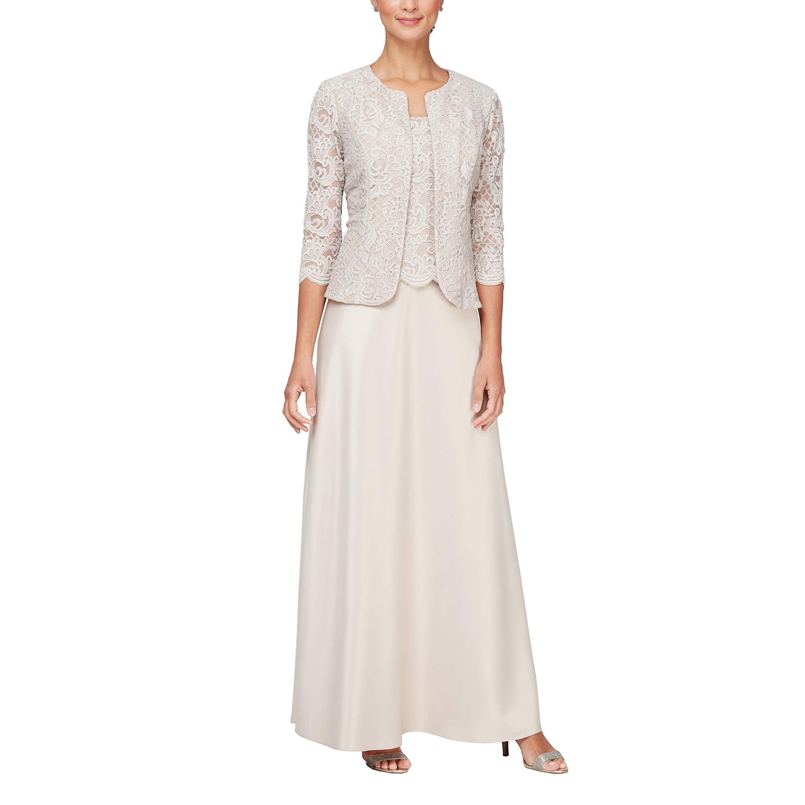 Alex Evenings Women's Long Mock Jacket Dress with Satin Skirt, Classic Taupe, 6