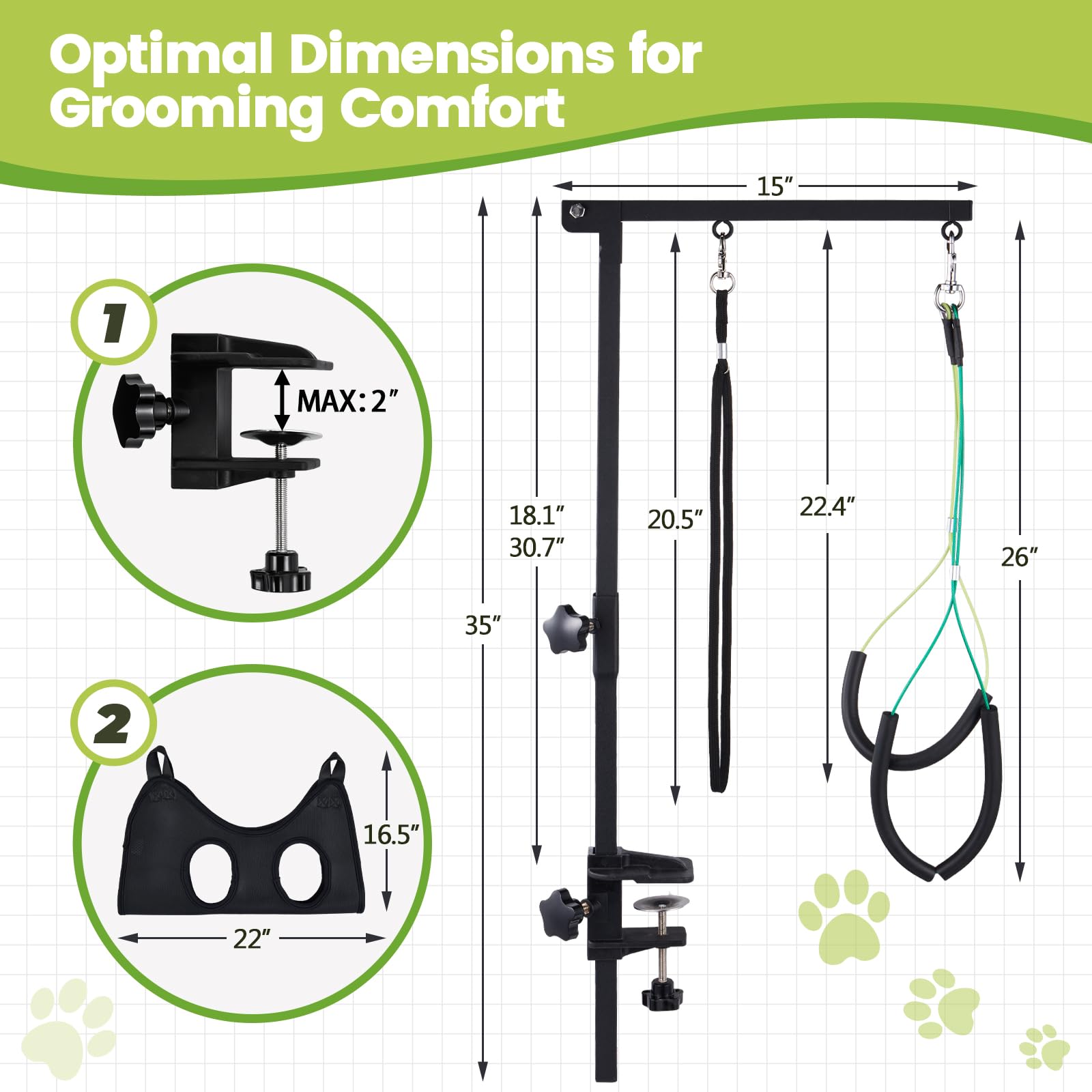 SUNMCCN Dog Grooming Table Arm with Hammock, 35" Adjustable Height Grooming Arm with Clamp and No-Sit Haunch Holders, Suitable for Small & Medium Pets