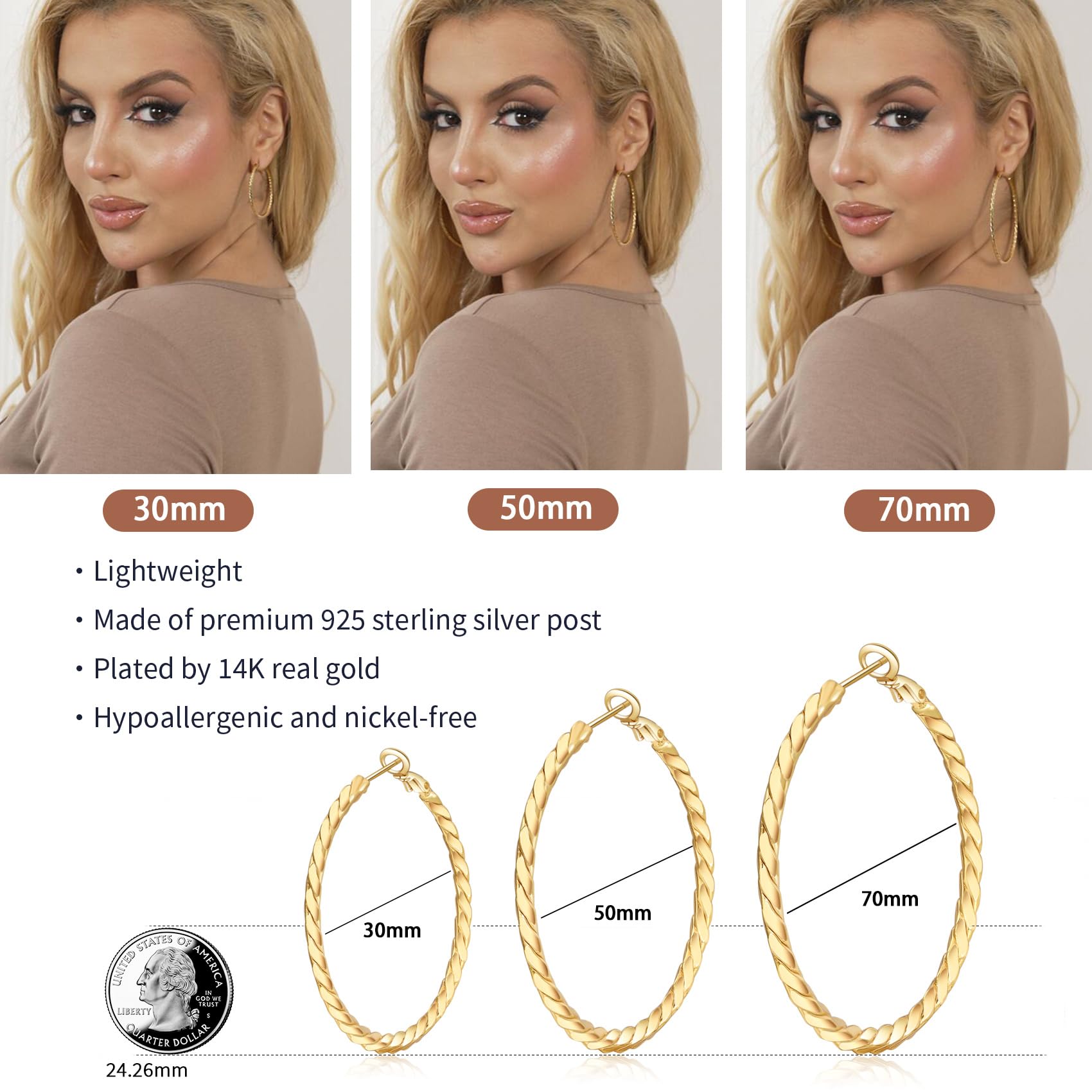 ABPBA 2mm Gold Hoop Earrings for Women 14k Gold Plated Hoop Earrings Lightweight Big Gold Hoop Earrings Hypoallergenic Thin Gold Hoop Earrings for Women Girls 70mm