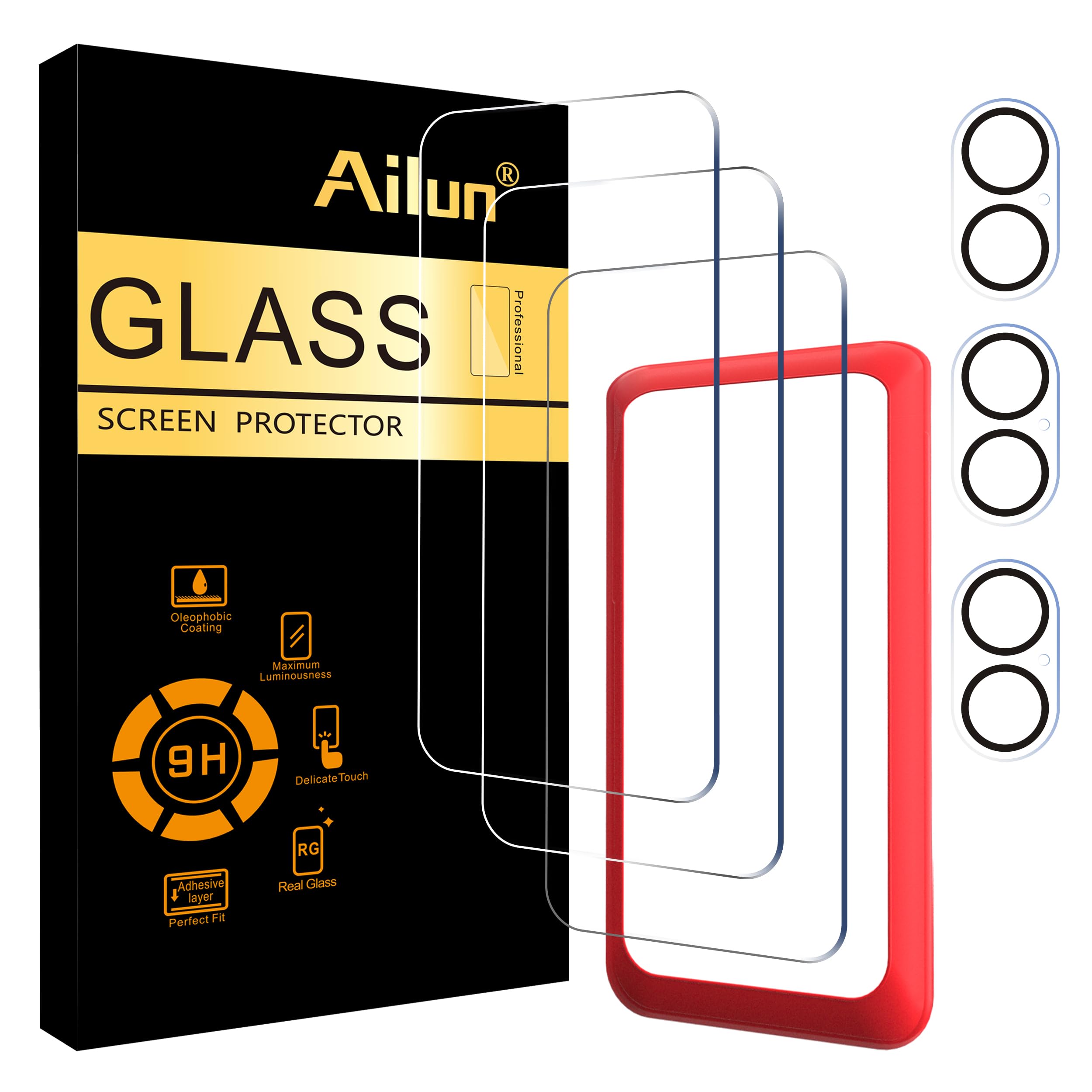 Ailun 3 Pack Screen Protector for iPhone 16 [6.1 inch] + 3 Pack Camera Lens Protector with Installation Frame,Case Friendly Tempered Glass Film,[9H Hardness] - HD [6 Pack]