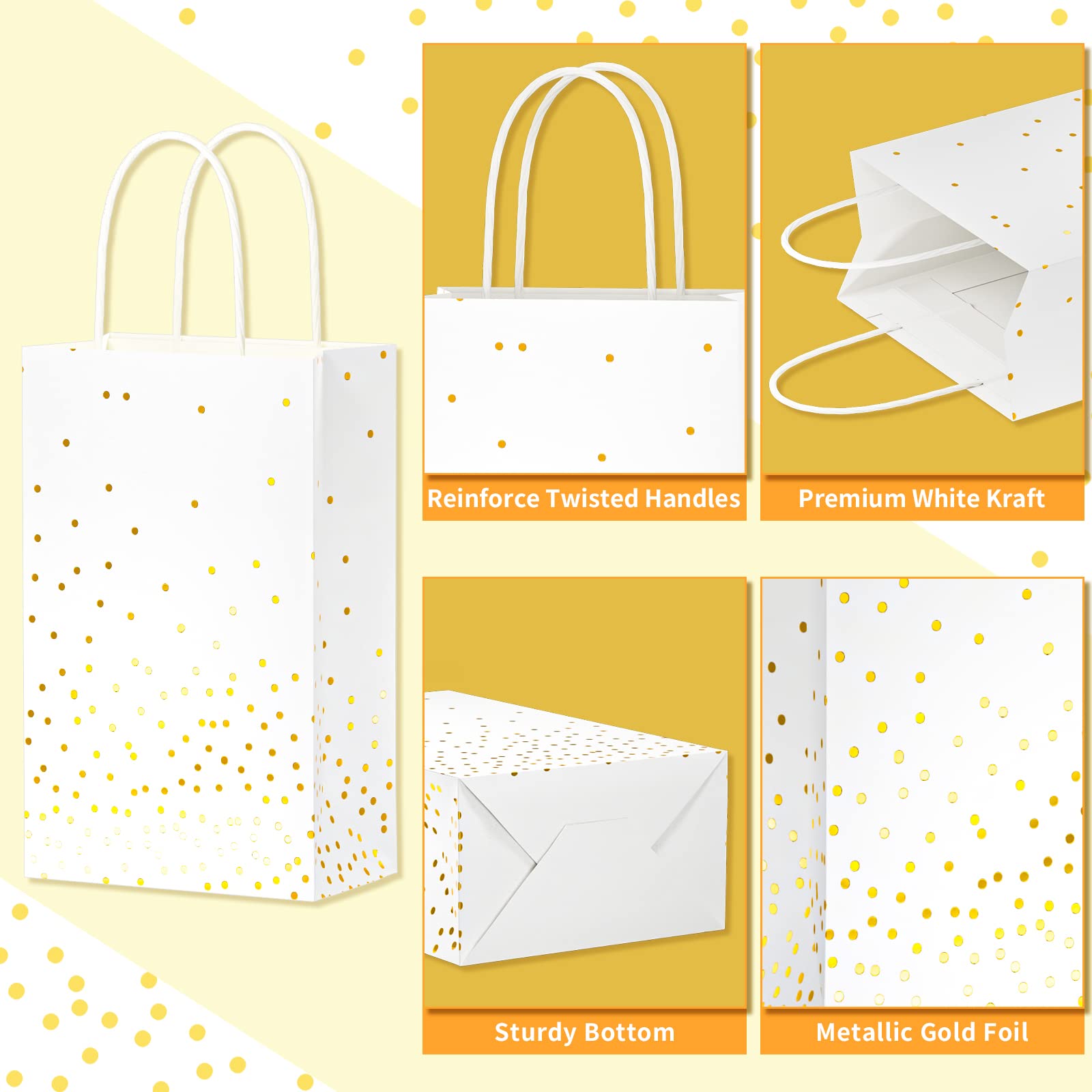 ECOHOLA 25 Pack White and Gold Gift Bags with Handles and Gold Foil Dots, Perfect for Bridal Party, Birthday Party, Wedding or Baby Showers