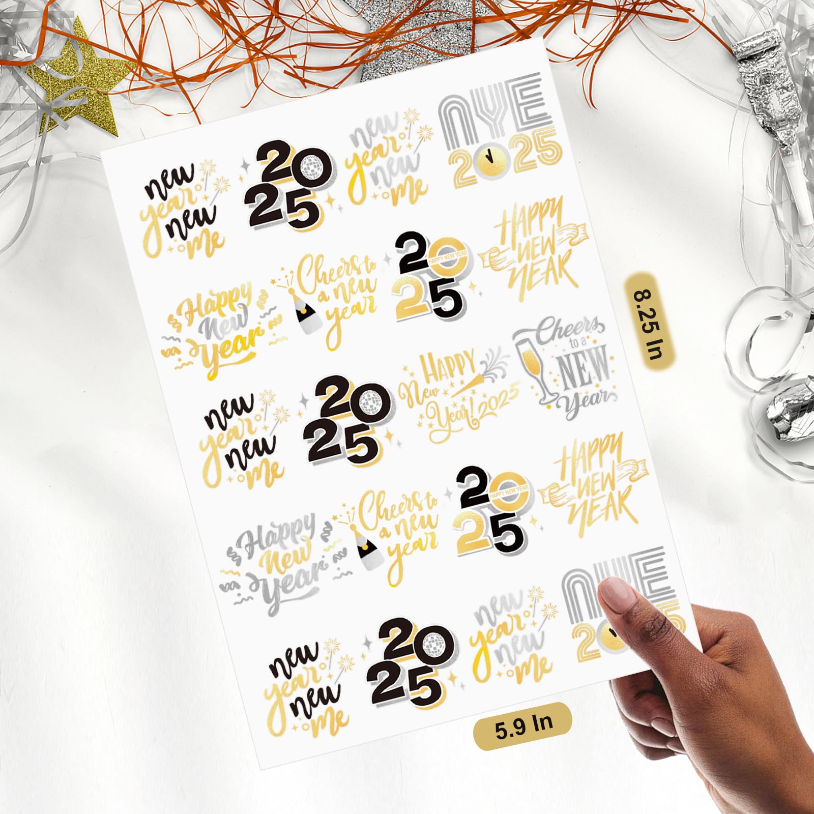 AOYOO New Years Eve Party Supplies 2025 Temporary Tattoos - 40 Glitter Styles, Black and Metallic Gold Tattoos, NYE Party Favors, Happy New Year Decorations, NYE 2025 Decor