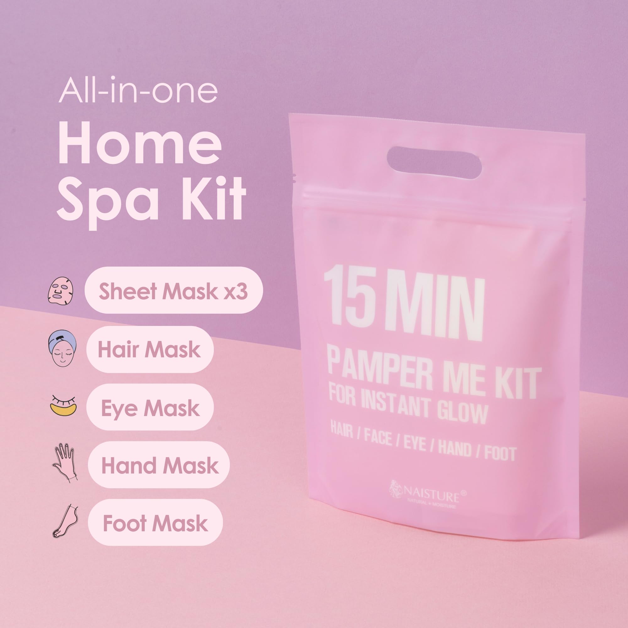 Spa Kit for Women-Korean Skincare Set Includes home spa essentials like a hair mask, hand and foot masks, eye mask, facial masks. Pamper yourself with 15 MIN PAMPER ME KIT by [NAISTURE]