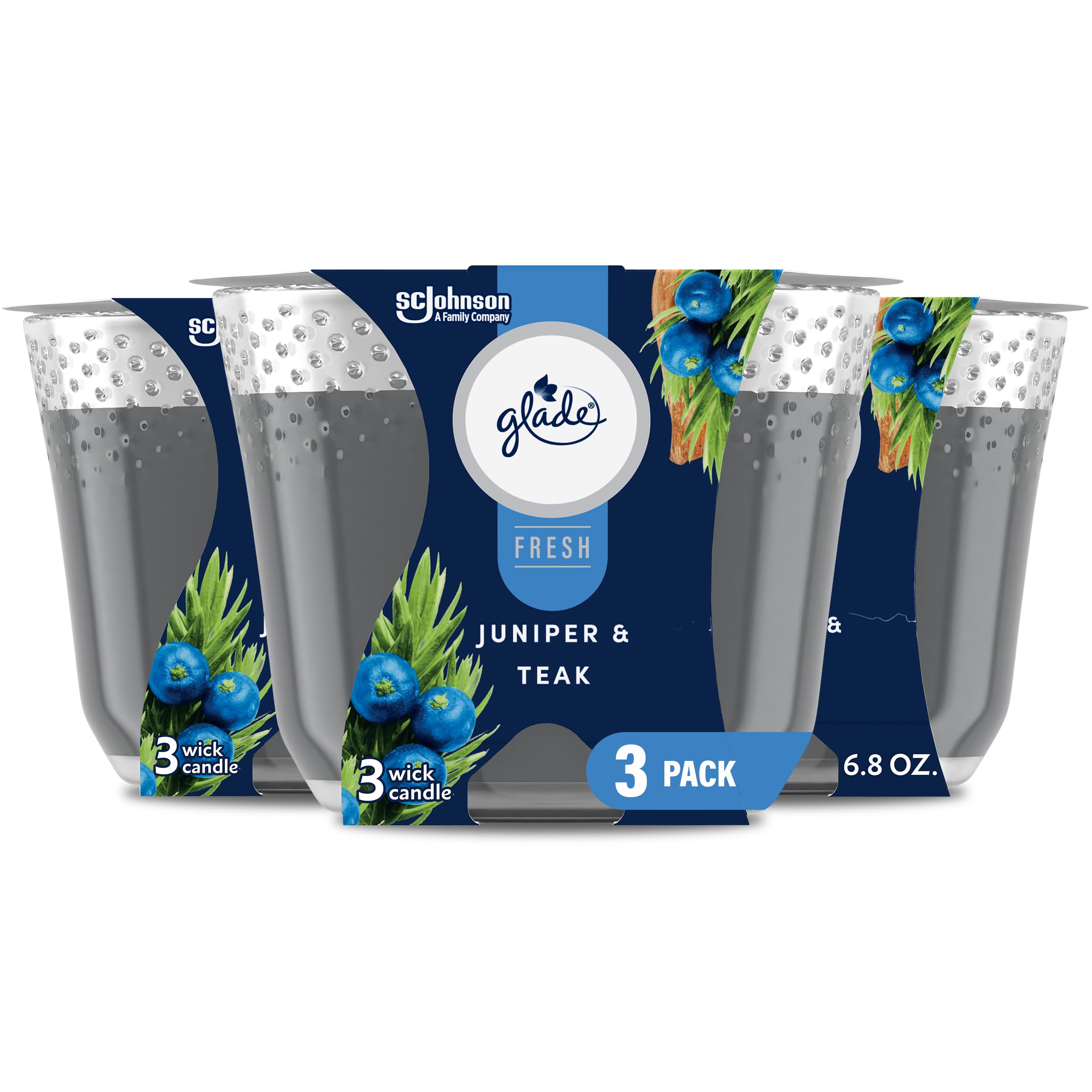 Glade Candle Juniper & Teak, Fresh Collection, Fragrance Candle Infused with Essential Oils, Air Freshener Candle, 3-Wick Candle, 6.8 Oz, 3 Count