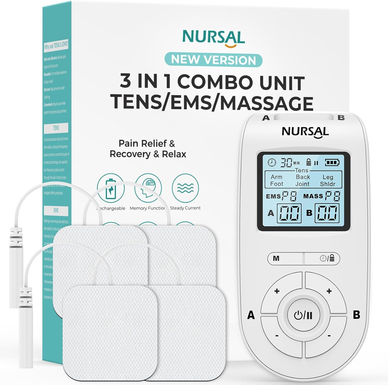 NURSAL 3-in-1 Tens Unit Muscle Stimulator Machine, Dual Channel Electronic Pulse Massager, Tens Ems Machine with 40 Intensities for Gradual Pain Relief Therapy