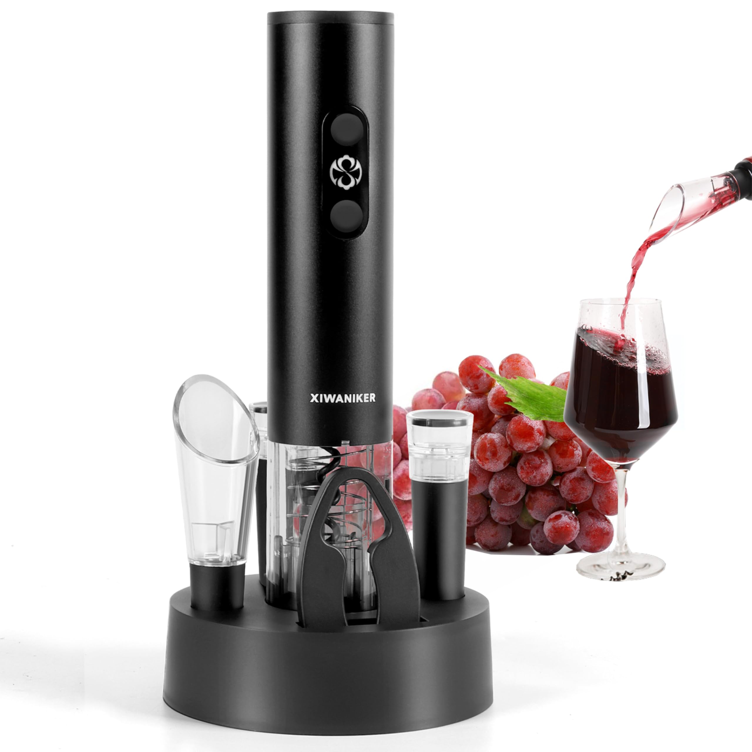 XIWANIKER Electric Wine Opener Set, Cordless Battery Operated Corkscrew, Storage Base, Foil Cutter, Pourer, 2pcs Vacuum Stoppers