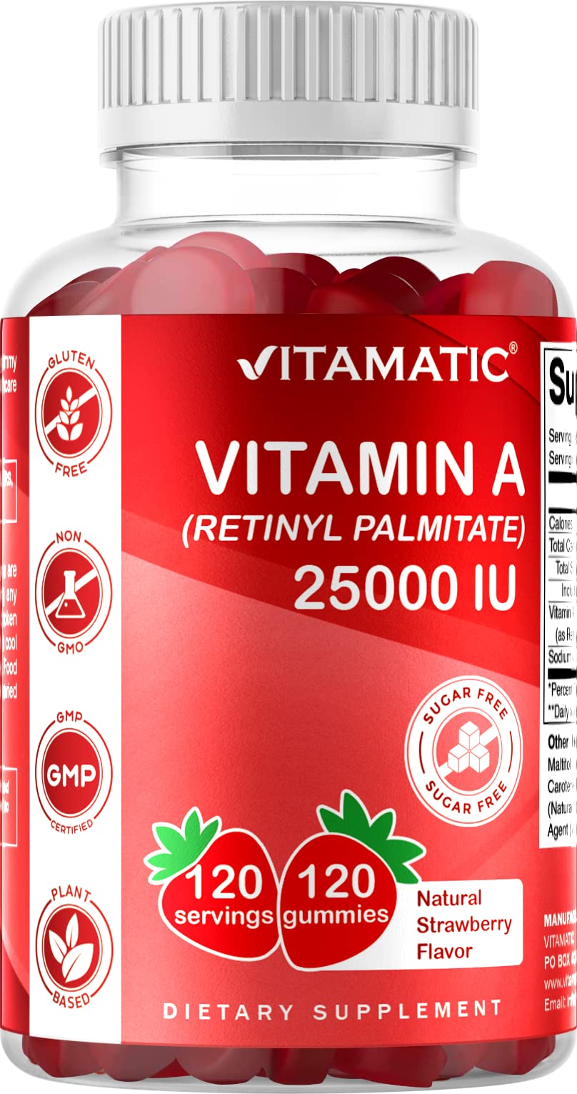 Vitamatic Sugar Free Vitamin A 25000 IU Gummies (Retinyl Palmitate) - Natural Strawberry Flavor - 120 Pectin Based Gummies (1 Bottle)