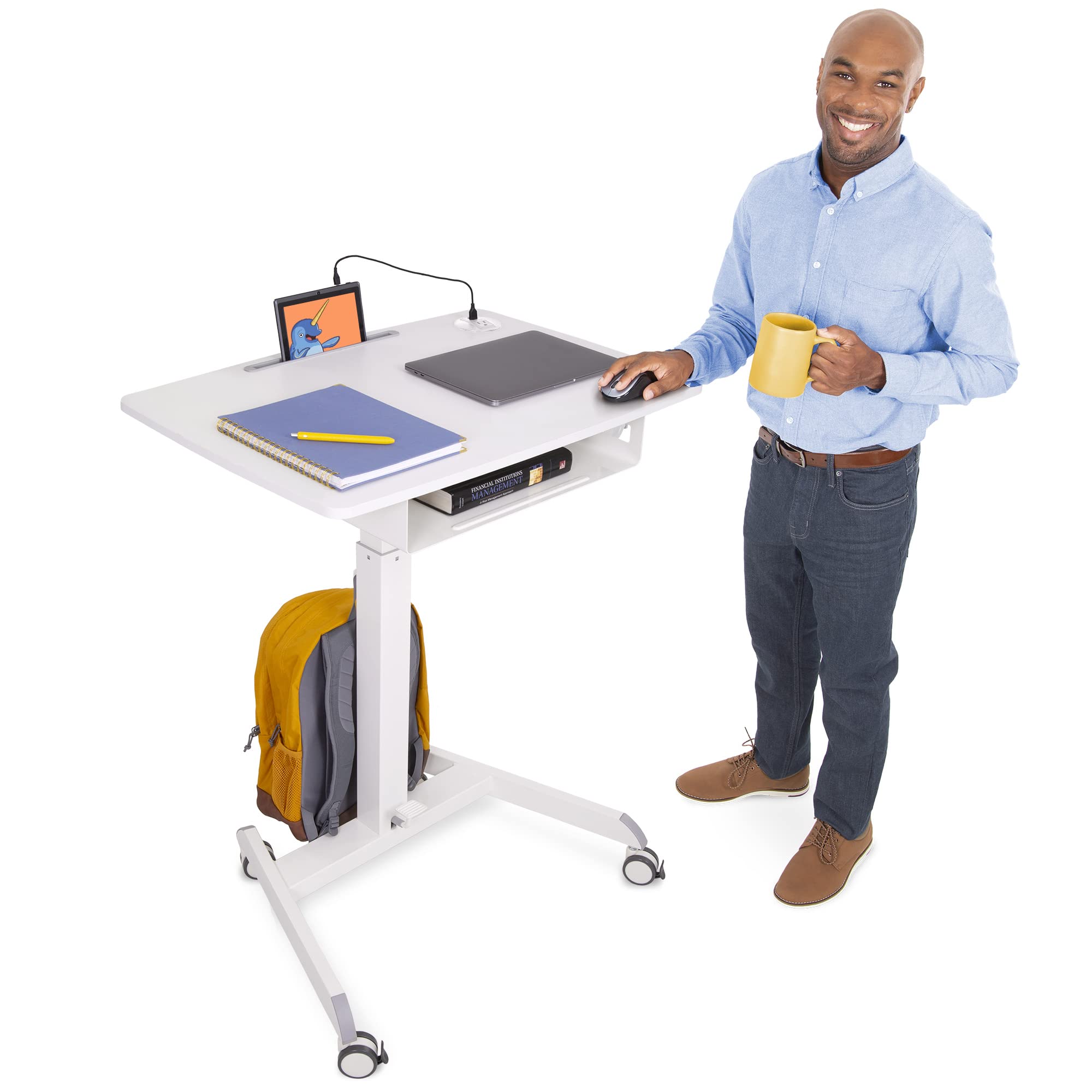 Stand Steady Cruizer™ Mobile Podium with UL Safety Certified Power Outlets | 31in Height Adjustable Student Desk with Built-In Storage | Portable Standing Desk | Rolling Laptop Desk (White/31 x 22in) 