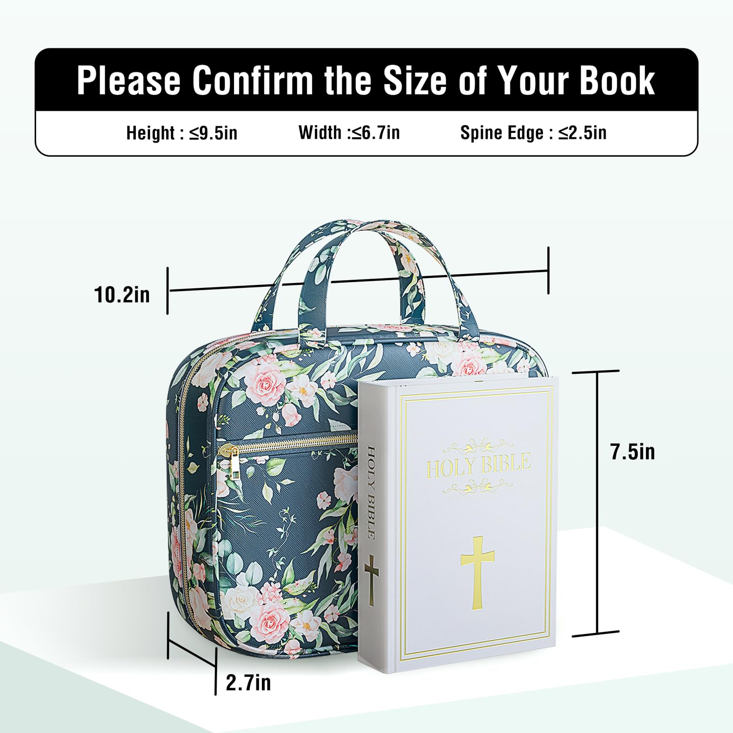 Bible Cover Bag Case for Women, Floral Synthetic Leather Pattern with Bible Tabs Bookmarks and Handle Fits for Standard Size Study Bible, Gift for Mom Lady, 10.2×2.7×7.5” (Black Rose)