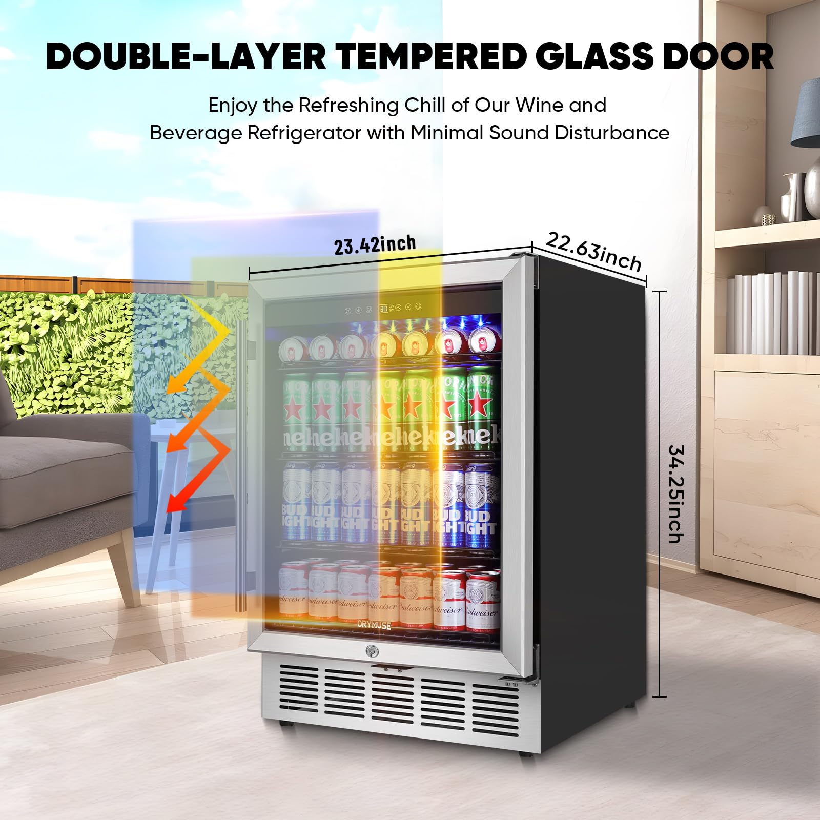 ORYMUSE 24" Beverage Refrigerator & Cooler, 180 Cans Under Counter Fridge with Lock, Glass Door & Powerful Cooling Compressor - Quiet, Built-in/Freestanding Drink Fridge