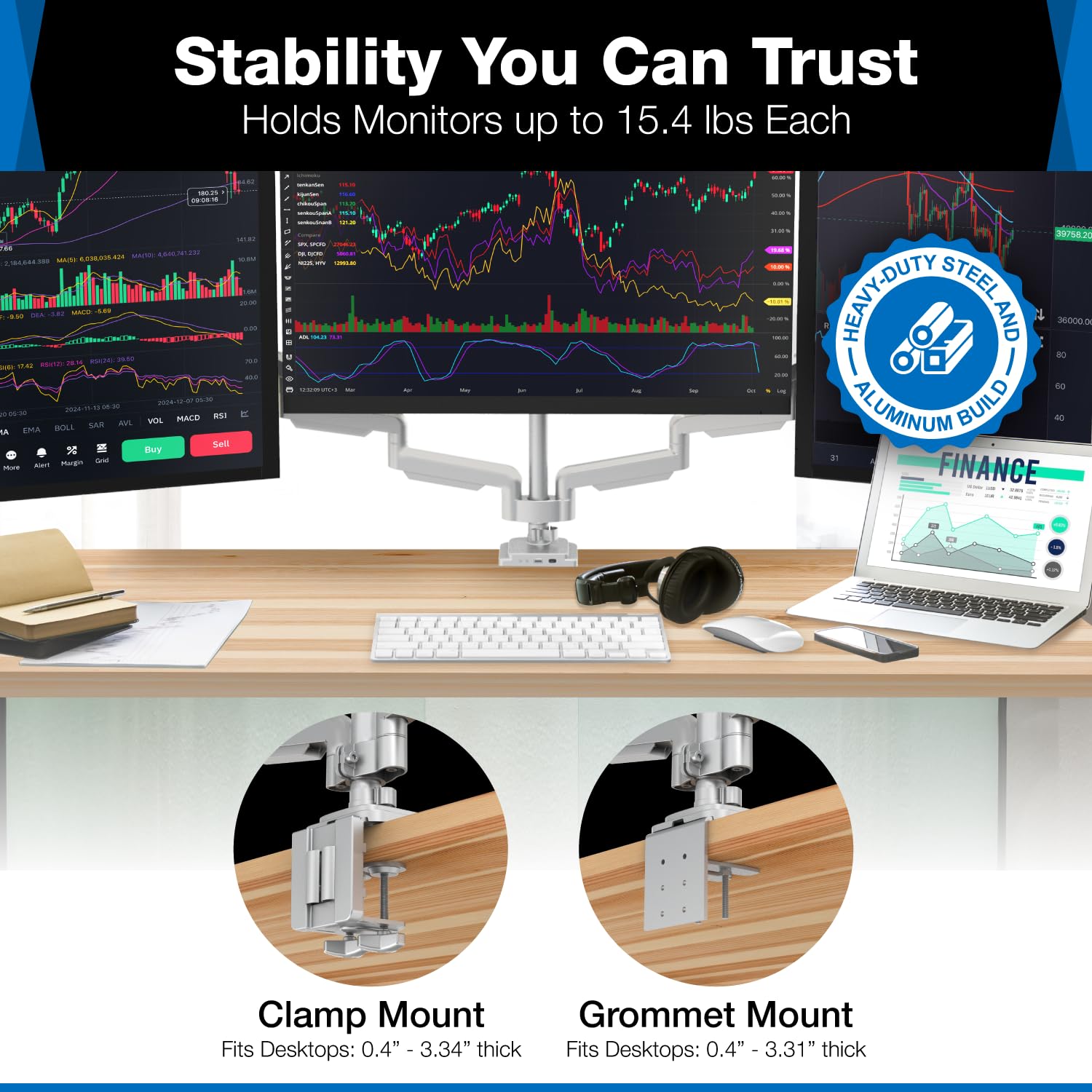 Mount-It! Triple Monitor Mount with USB and Audio Ports, 3 Monitor Desk Mount, Balanced Height Adjustable Triple Monitor Stand for Three Computer Screens 24 27 30 32 Inch VESA Screens, Gaming, Office