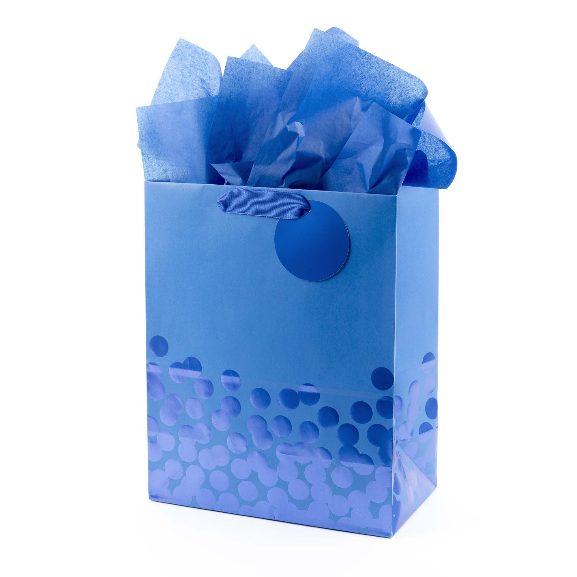 Hallmark 13" Large Gift Bag with Tissue Paper (Blue Foil Dots) for Hanukkah, Christmas, Birthdays, Fathers Day, Graduations, and Baby Showers