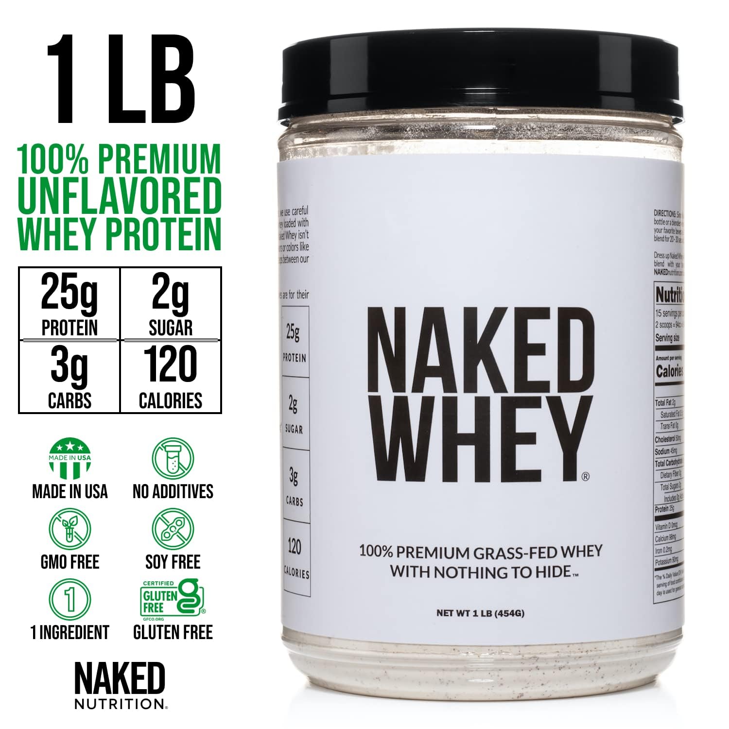 Naked Whey 1Lb - Only 1 Ingredient, Grass Fed Whey Protein Powder, Undenatured, No Gmos, No Soy, Gluten Free, Stimulate Growth, Enhance Recovery - 15 Servings