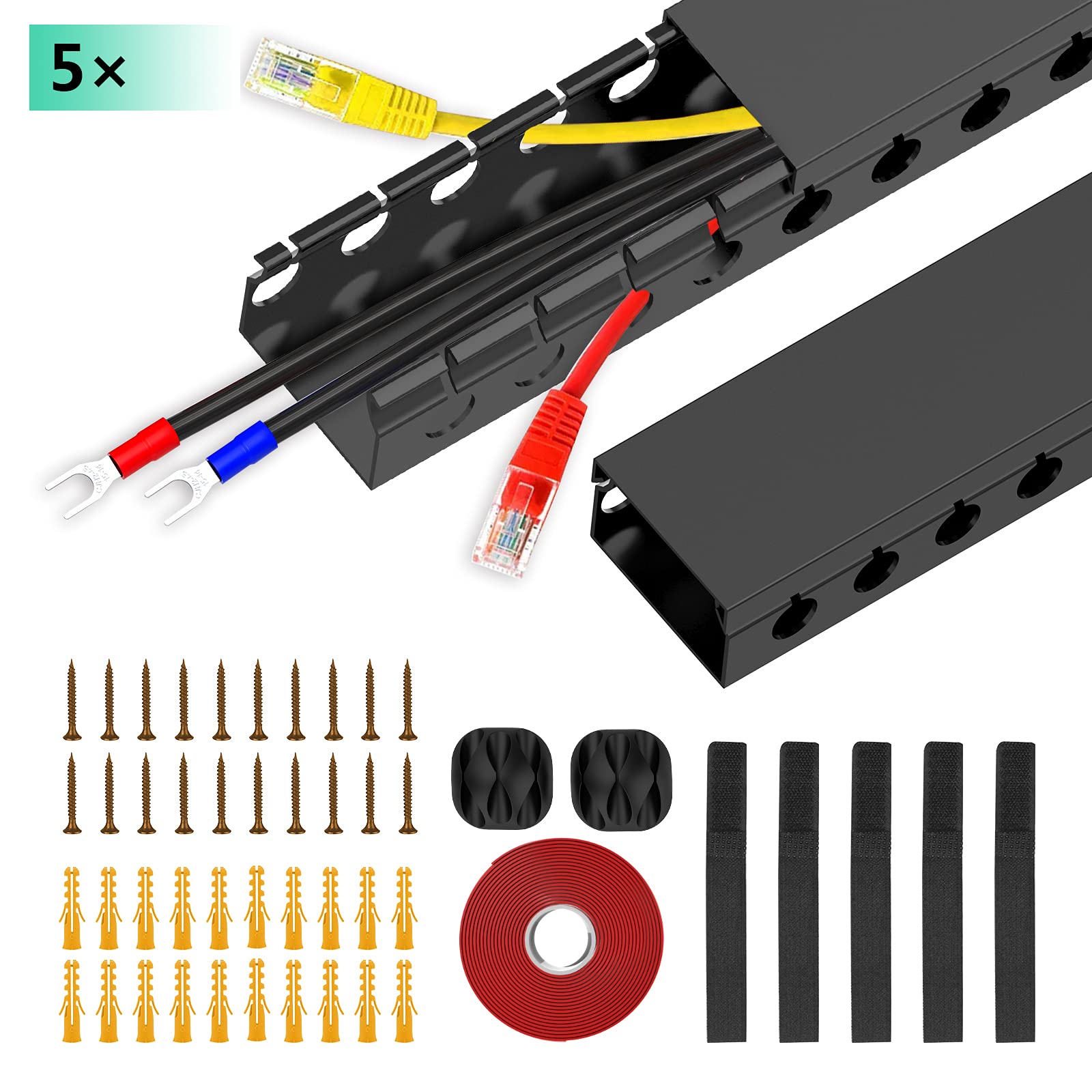 ENONCI Updated Cable Raceway Kit - 77 (5x15.4) Inch Open Slot Wire Covers for Cords, Under Desk Cable Management System to Hide Under Desk/Tv/Computer/Net/Power Cords, (Pack 5)