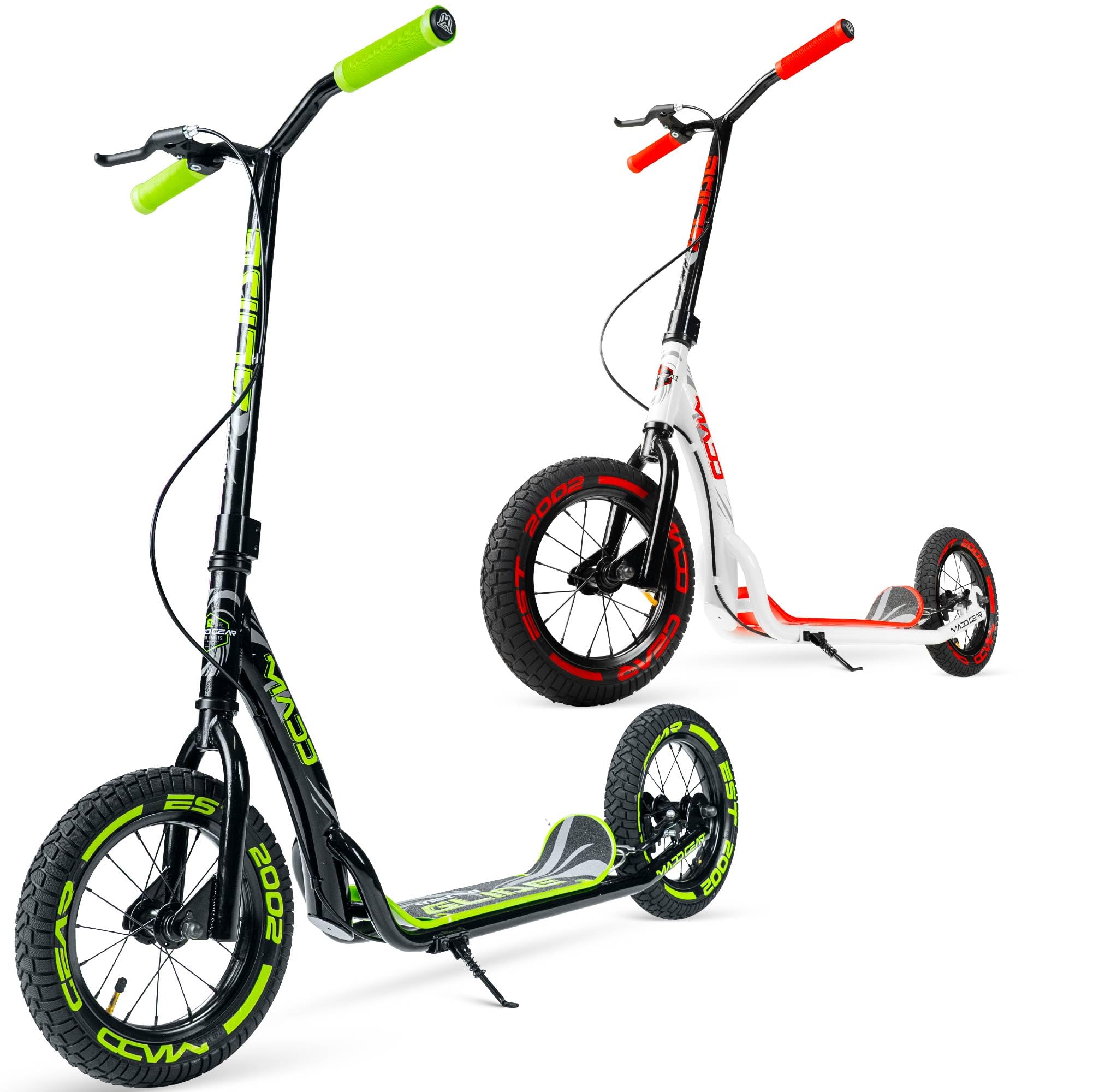 Large Kick Scooter for Adults, Teens & Kids 8-12 with Kickstand – 12" Air-Filled Tires, Wide Deck, Lightweight Steel Frame – Madd Gear Metro Glide 300 (Black Green)