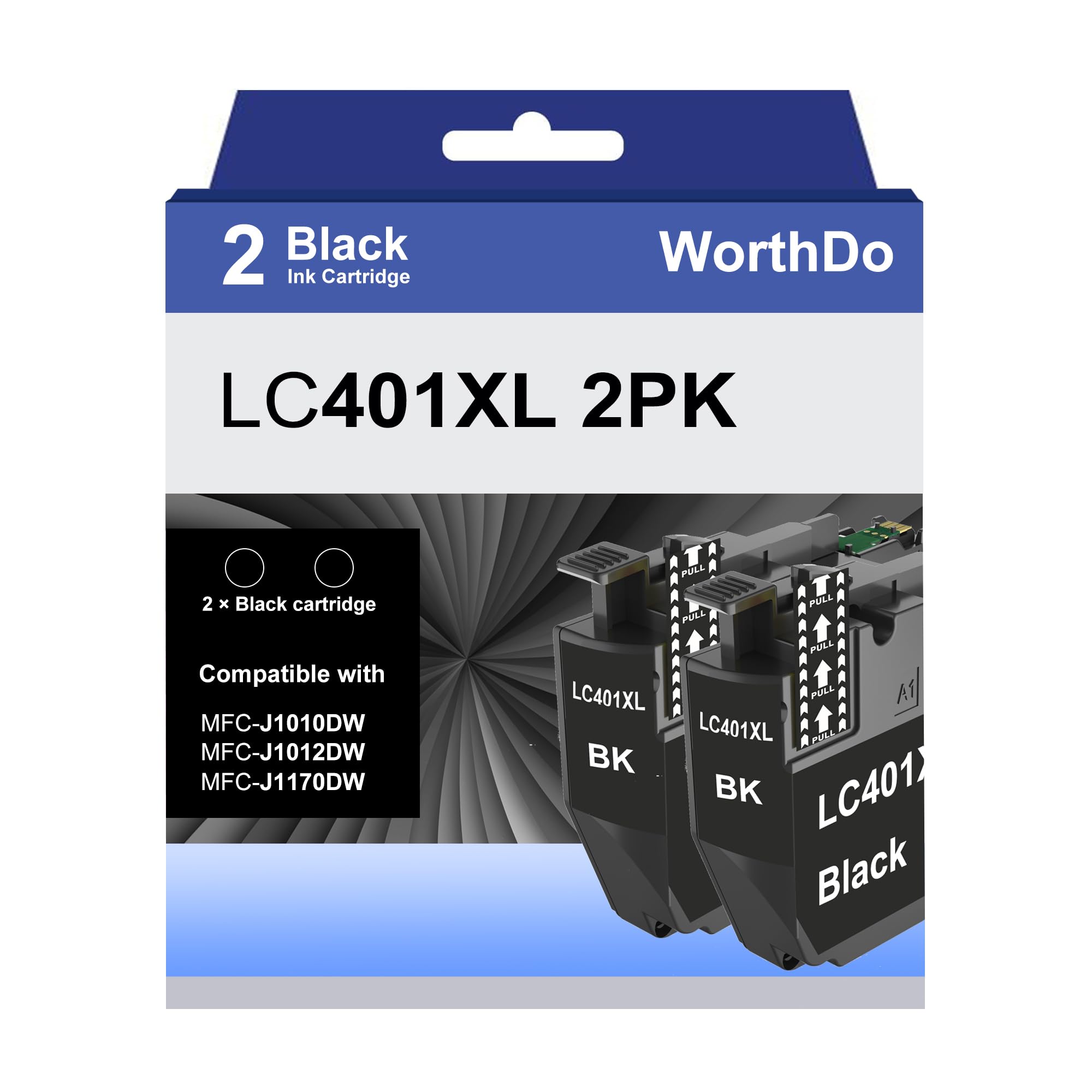 WORTHDO LC401XL High Yield Black Ink Cartridges Compatible for Brother LC401 XL Black Work with Brother MFC-J1010DW MFC-J1012DW MFC-J1170DW Printer (2 Pack)