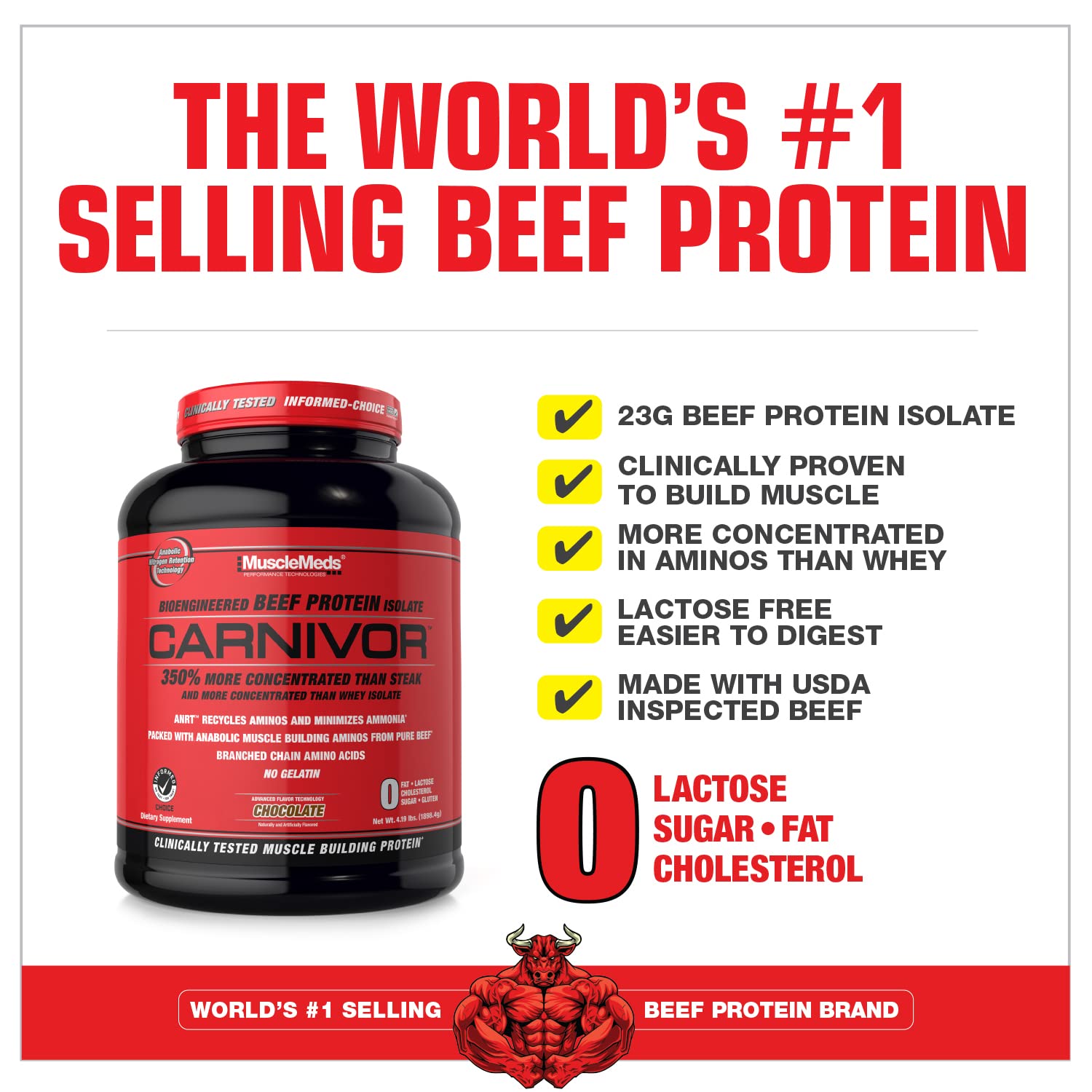 MuscleMeds CARNIVOR Beef Protein Isolate Powder, Muscle Building, Recovery, Lactose Free, Sugar Free, Fat, Free, 23g Protein, Halal Certified, Chocolate, 56 Servings