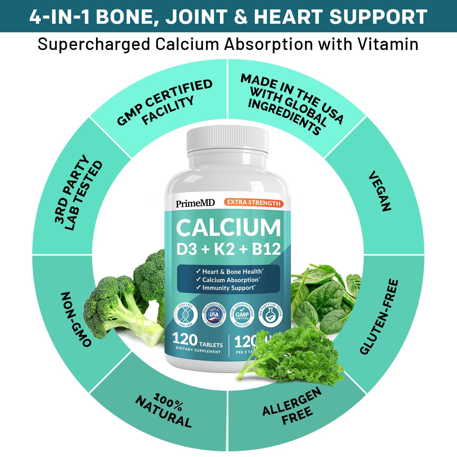 4-in-1 Calcium 1200 mg With Vitamin D3 Supplements for Women and Men - Calcium Extra Strength with Vitamin D3 K2 5000 IU Supplement,1200 mg per serving -Free - Vegan-Friendly (120 count) (Pack of 1)