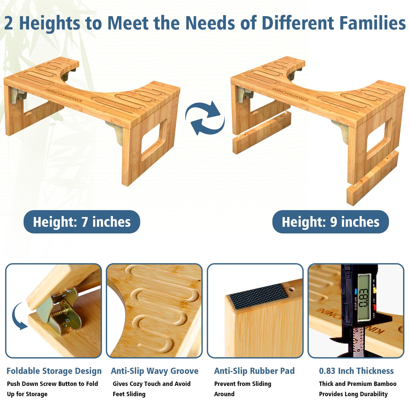 Bamboo Toilet Stool Squat 7in & 9in Adjustable Heights, Foldable Poop Stool for Bathroom Adults Kids, Potty Stool with Non-Slip Layer to Improve Bathroom Posture and Comfort, 400 lbs Capacity