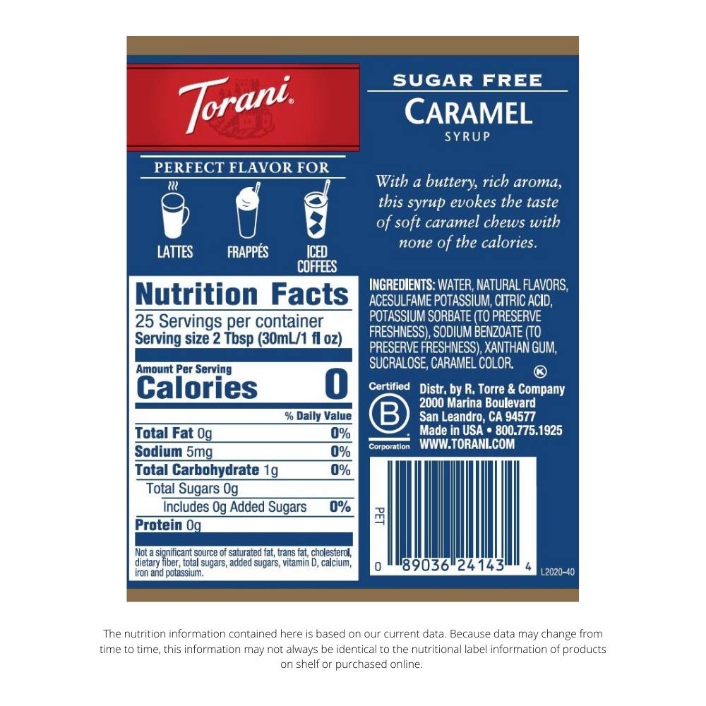 Torani Sugar Free Syrup, Caramel, 25.4 Fl Oz, (Pack of 4)