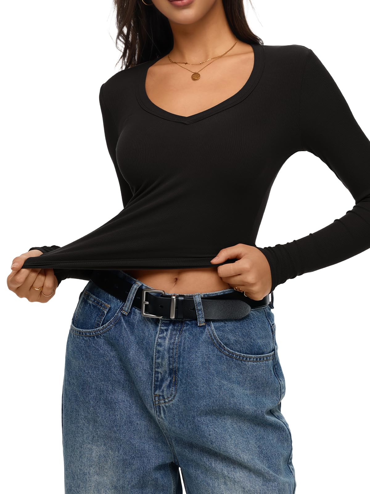 REORIA Womens Long Sleeve Shirts 2025 Fall Trendy Deep V Neck Slim Fit Basic Tops Casual Going Out Top Tee Blouse Black Medium