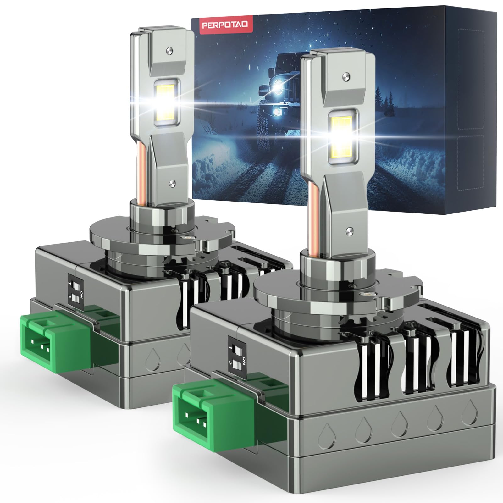 PERPOTAO Upgraded D3S Bulb, 46,000LM, 800% Brightness D3R, 6,000K White, 10x Cooling, 1:1 Xenon Size, Fast Plug, Compatible 99.99%, 2-Pack