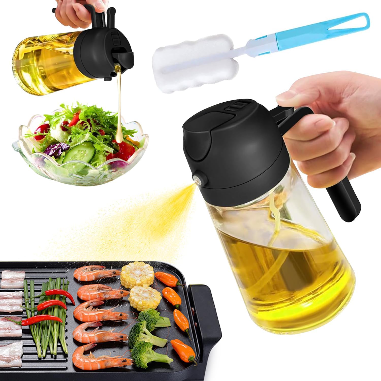 2 in 1 Oil Dispenser and Oil Sprayer,16OZ Olive Oil Sprayer for Cooking,Oil Dispenser for Kitchen, Oil Dispenser Spray and Pour Olive Oil Dispenser,Cooking Oil Sprayer for Salad, Fry, BBQ(black)