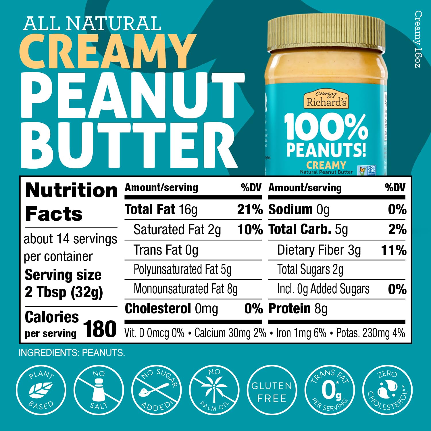 Crazy Richard's 100% All-Natural Creamy Vegan Peanut Butter with No Added Sugar and Non-GMO (16 Ounce, Pack of 4)