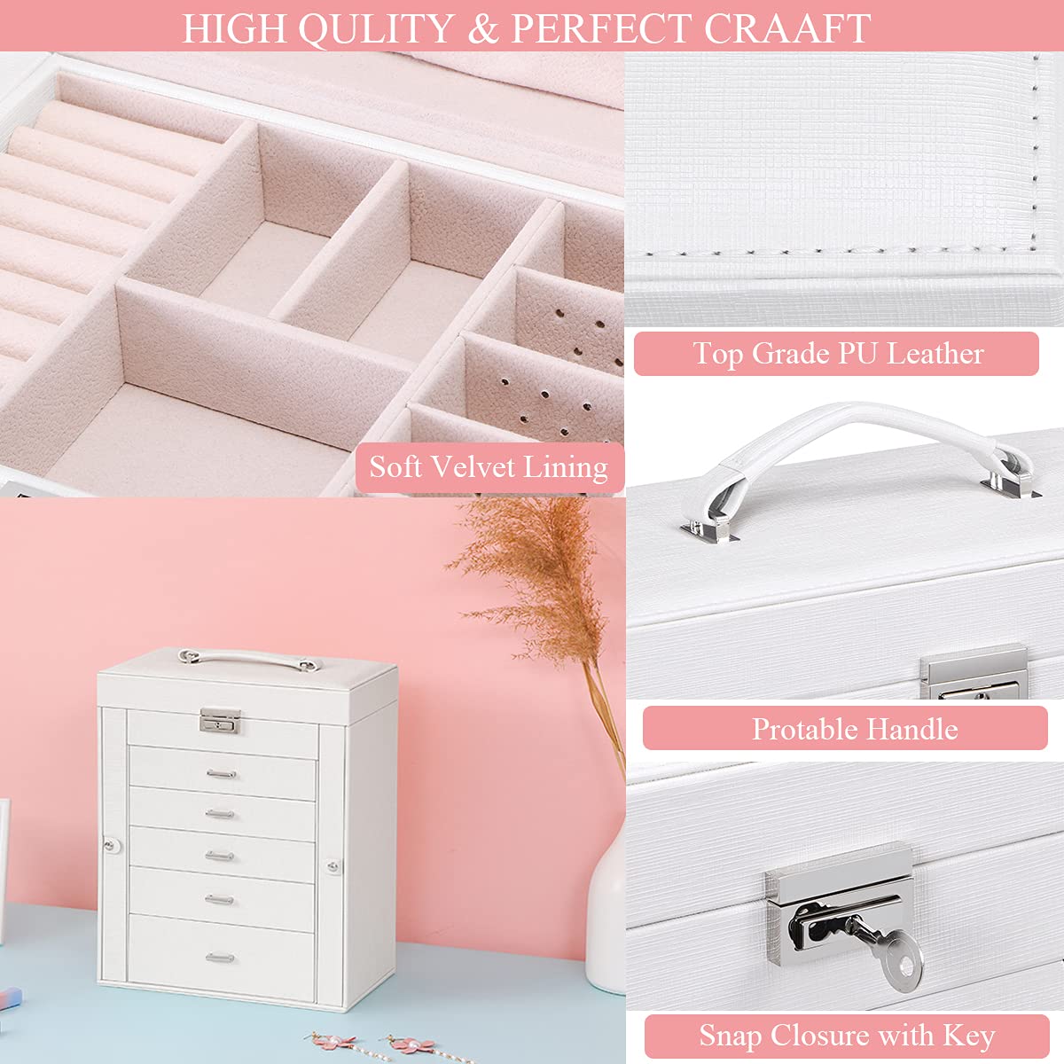 ANWBROAD Huge Jewelry Box 6 Tier Jewelry Organizer Box Display Storage Case Holder with Lock Mirror Girls Jewelry Box for Earrings Rings Necklaces Bracelets Gift Faux Leather Christmas Gifts UJJB004W