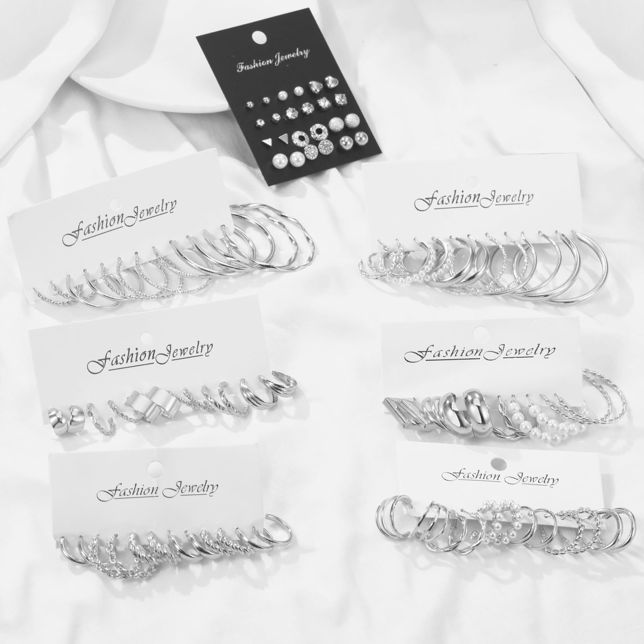 48 Pairs Silver Earrings Set for Women, Chunky Silver Hoop Earrings Multipack Twisted Statement Pearl Earring Pack, Trendy Hypoallergenic Small Big Hoops Earrings for Birthday Party Jewelry Gifts