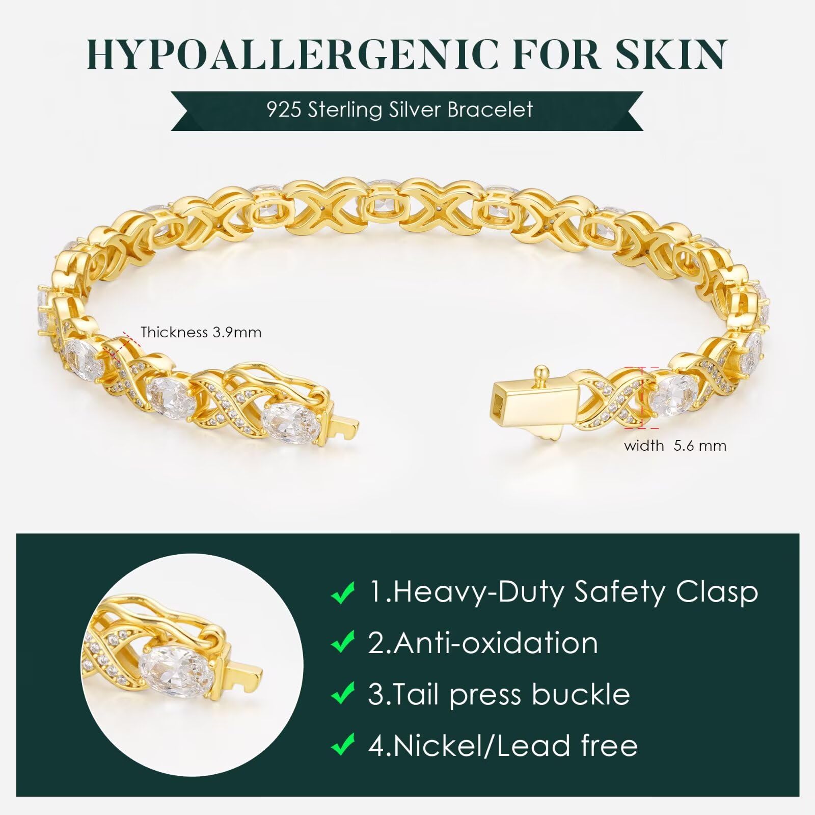 Iefil Mothers Day Gifts for Mom - May Simulated Emerald Bracelet Gold Plated 925 Sterling Silver Tennis Bracelets Unique X O Design Anniversary Birthday Gifts for Wife Girlfriend 7"