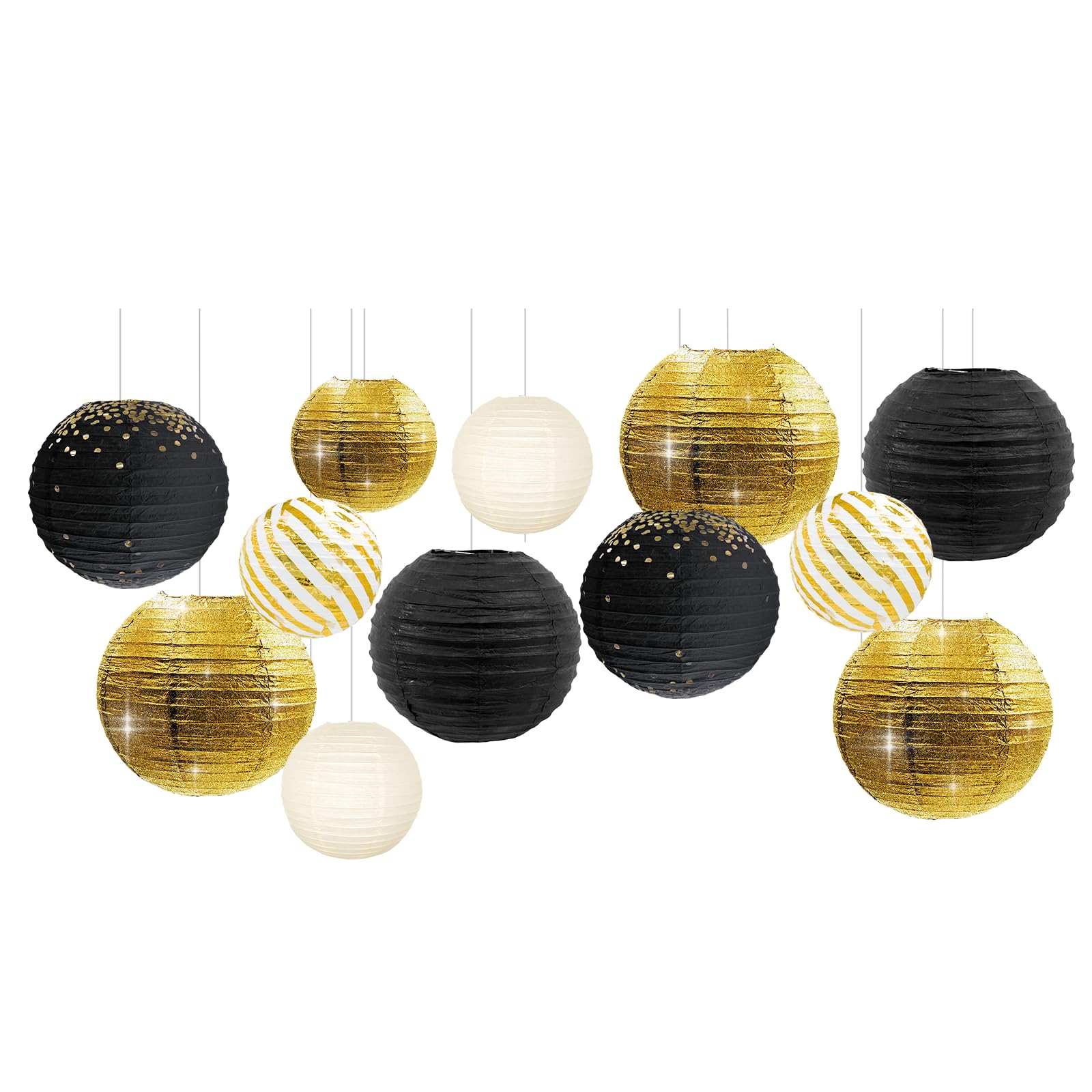 NICROLANDEE Black Gold Party Supplies - 12PCS Black and Gold Metallic Foil Paper Lanterns Decorative for Wedding, Graduation, Birthday, Baby Shower, Retirement Party, New Years Eve Party 2025