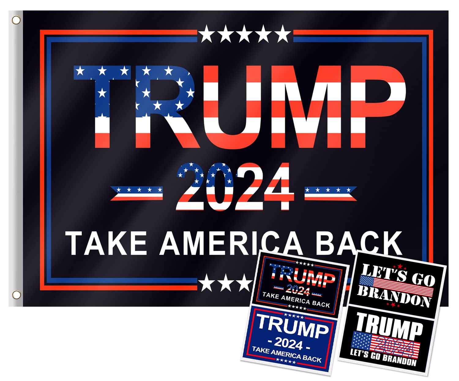 Trump 2024 Flag, 3x5 Feet Trump Flag 2024 Take American Back with 4 Pcs Trump 2024 Sticker, Trump Flags American Flag with Brass Buttonhole Trump Flag for Outdoor Room (Black)