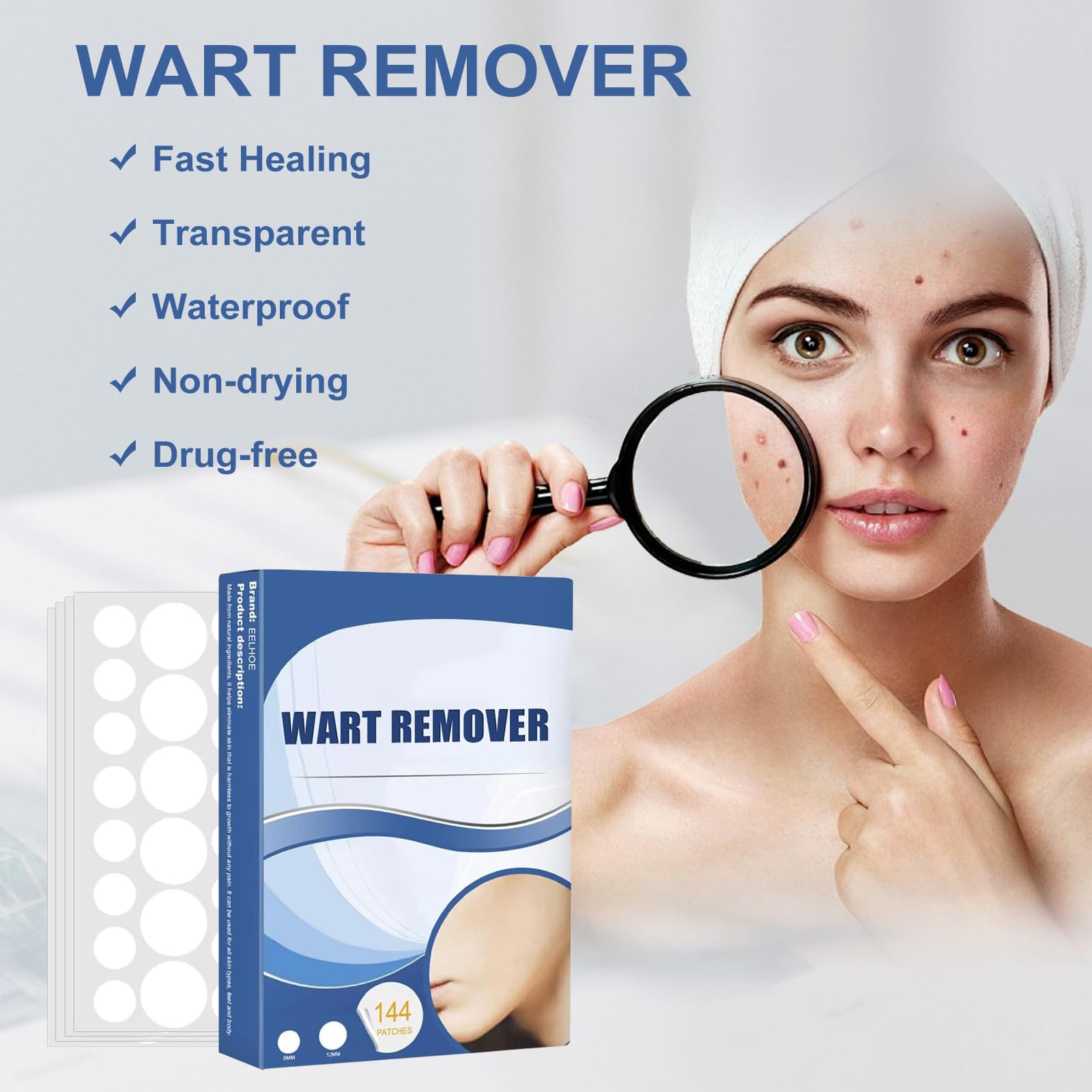 QKDBLWX 144pcs Wart Remover Patches,Fast & Easy Operate Hydrocolloid Gel Waterproof Invisible Sticker,Suitable for All Skin,Friendly to New-User