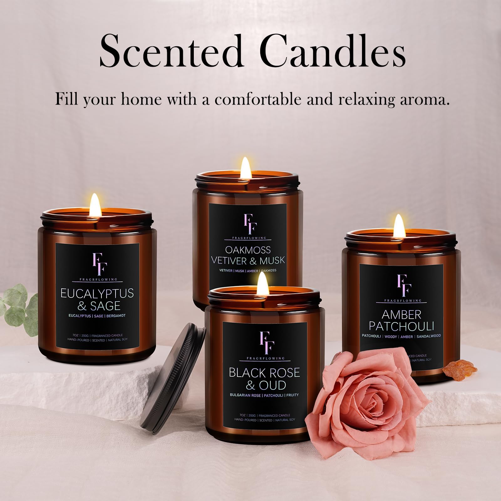 Scented Candles for Home Scented Aromatherapy Candles, 4 Pack 28 Oz Soy Wax Candle Gift Set for Women Men (Amber Patchouli/Oakmoss, Vetiver & Musk/Eucalyptus & Sage/Black Rose & Oud)