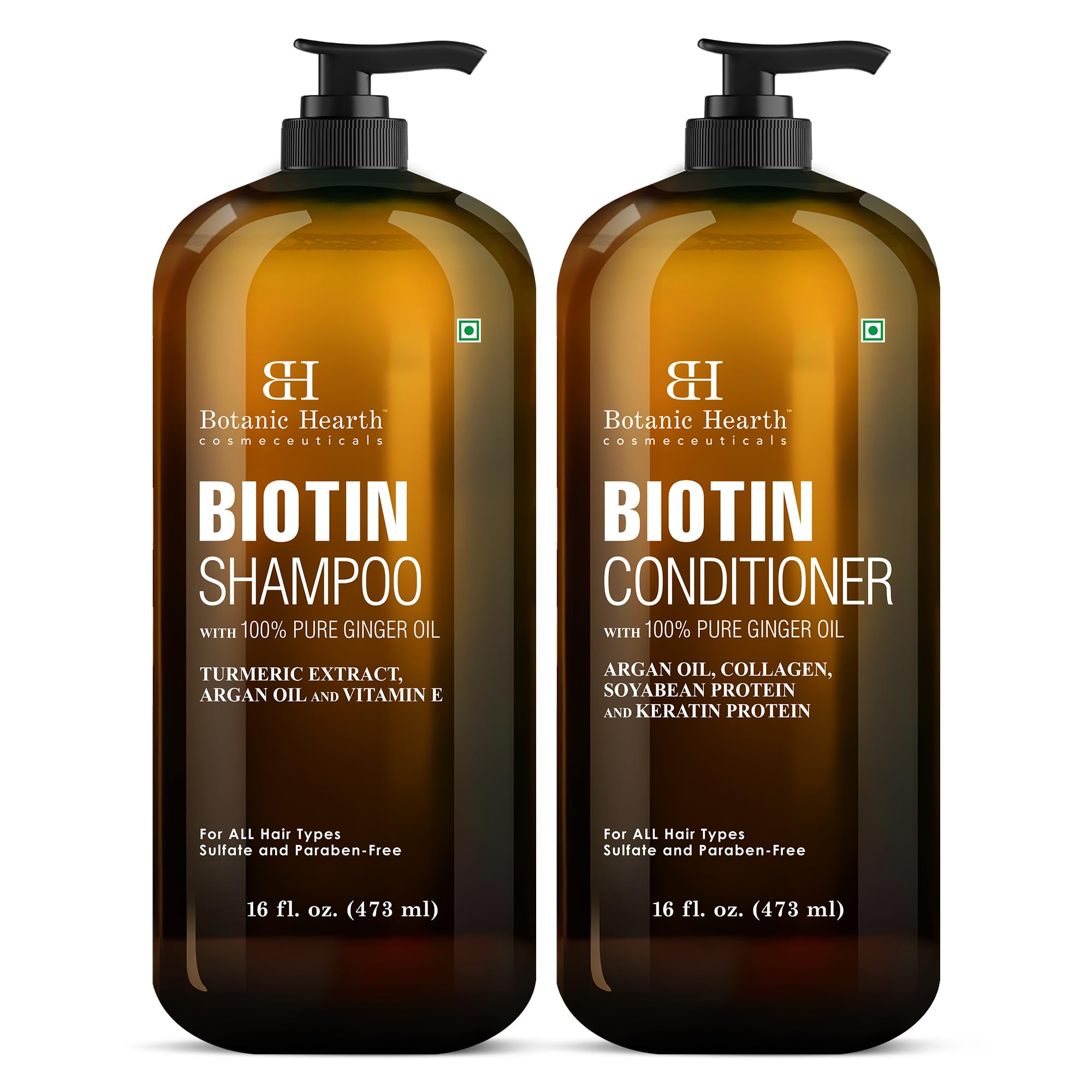Botanic Hearth Biotin Shampoo and Conditioner Set - with Ginger Oil & Keratin for Hair Loss and Thinning Hair for Men and Women - Sulfate Free, 16 fl oz each