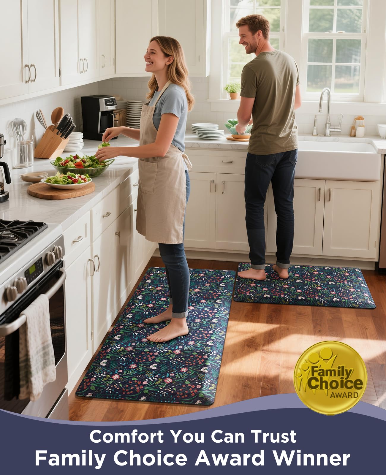 Ophanie Kitchen Mats for Floor, 3/4 inch Thick, 20x39 Anti Fatigue Cushioned Mat, Kitchen Rugs, Waterproof, Comfort Ergonomic Standing Mat for Office, Home, Sink, Blue Flower Non-Slip Ridged Bottom