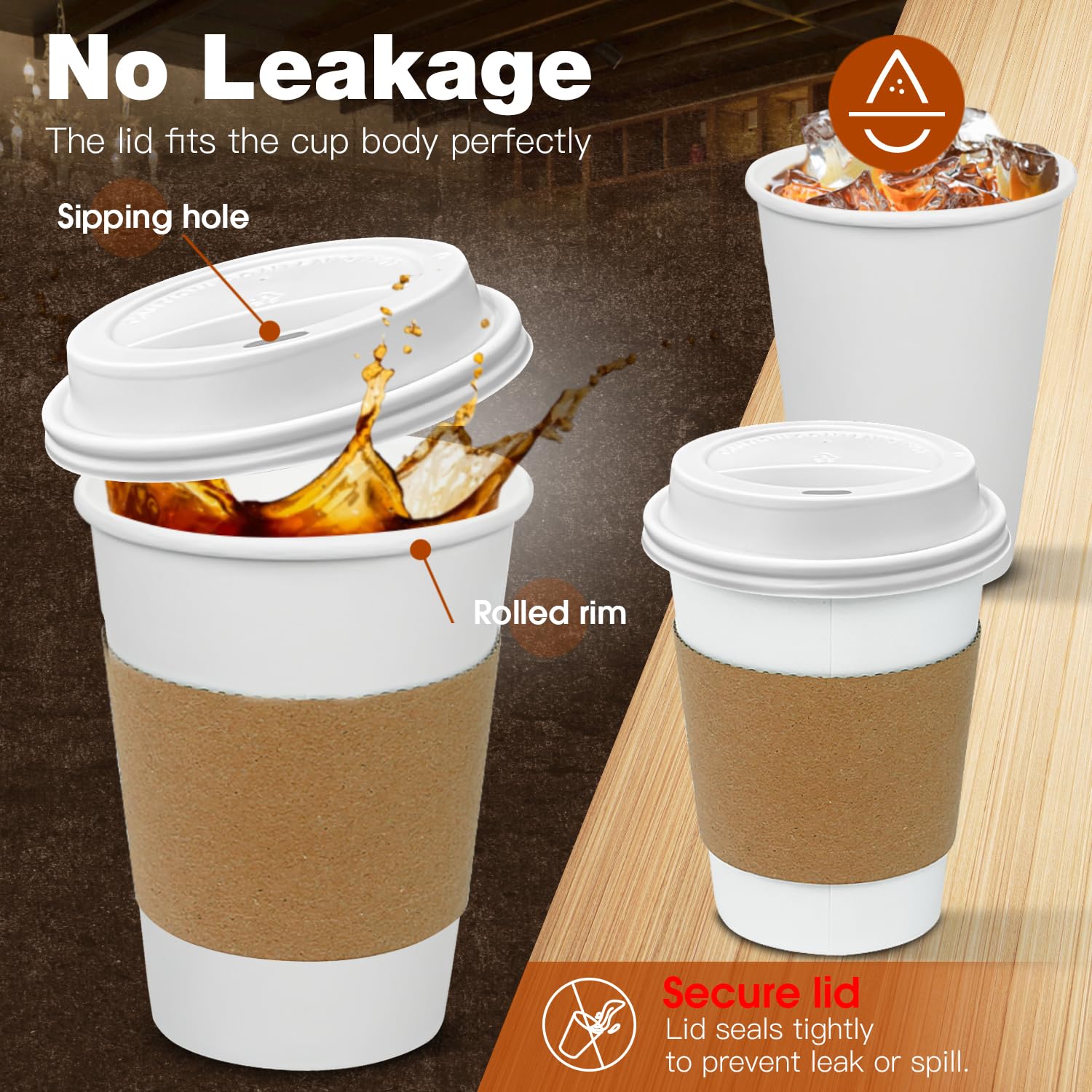 Ginkgo 100 Pack 12 oz Leak-Proof Coffee Cups with Lids and Sleeves Disposable Paper To Go Hot Coffee Cups for Home, Business, Office, Cafes and Parties