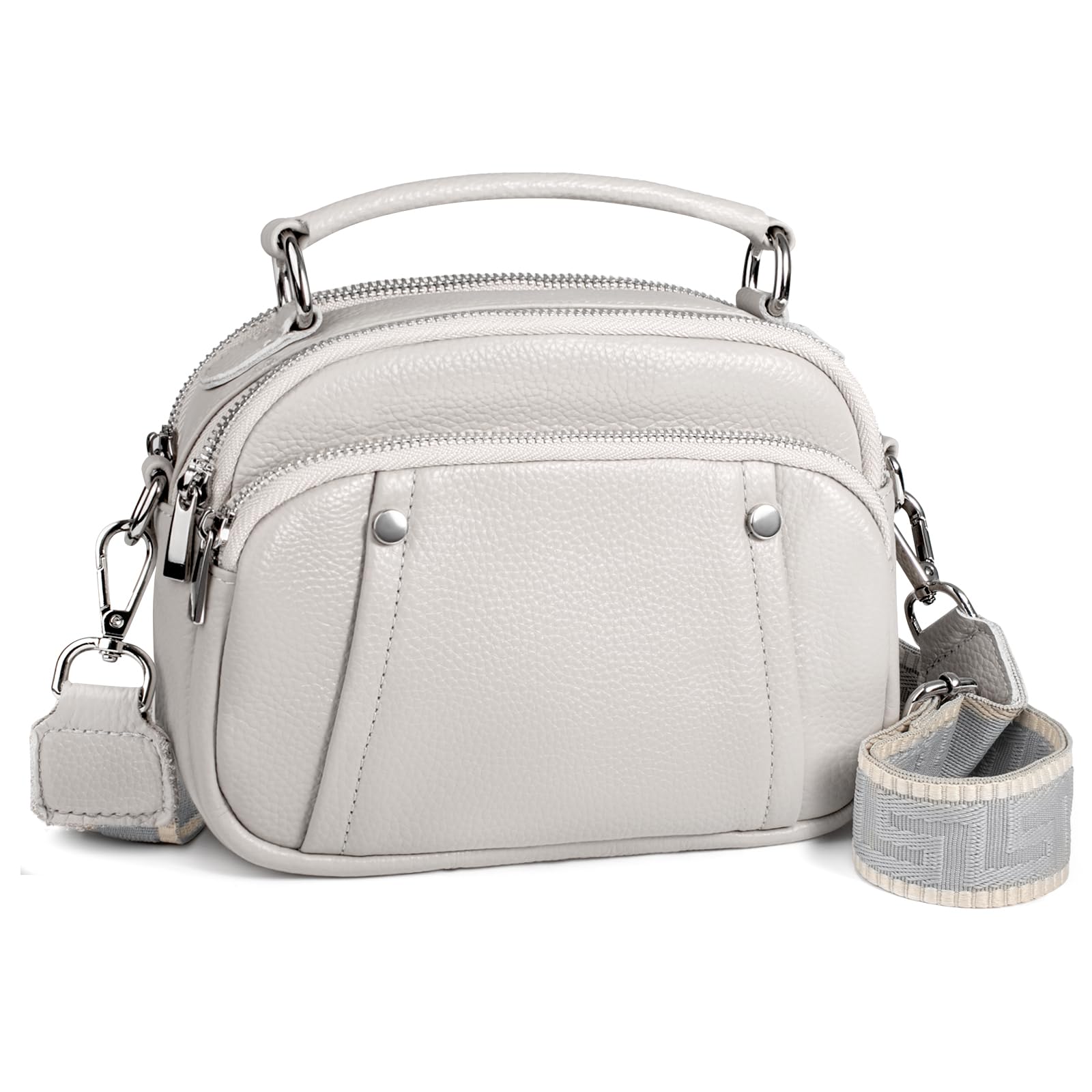 befen Genuine Leather Small Crossbody Purses Bag for Women, Women's Triple Zip Satchel Shoulder Bags Handbags with Wide Strap Beige Grey