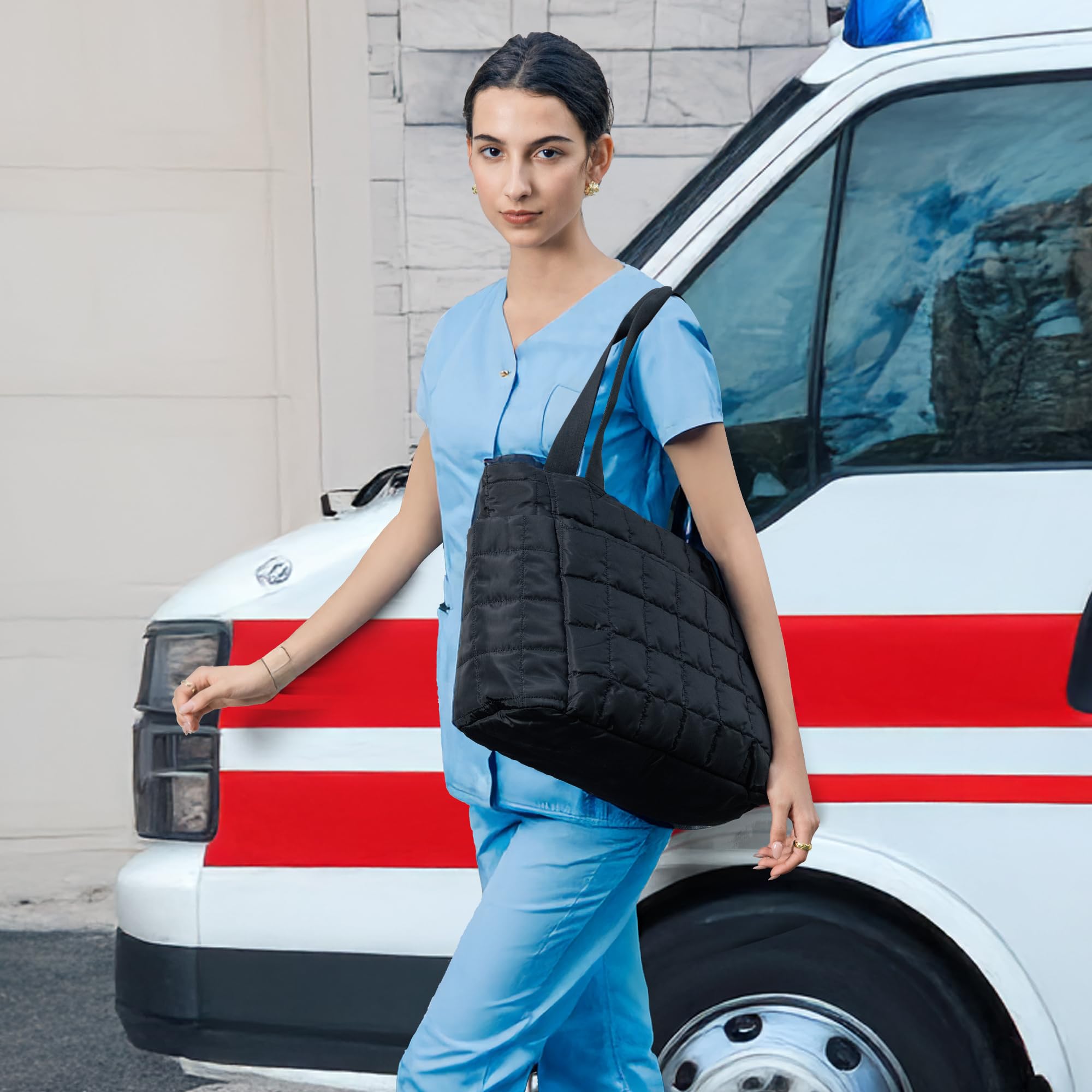 befen Tote Bag for Women, Lightweight Puffy Tote Bag with Compartments, Large 15.6 Inch Laptop Shoulder Bag with Zipper, Quilted Shoulder Bag Handbag for Clinical Travel, Work, Gym, Black