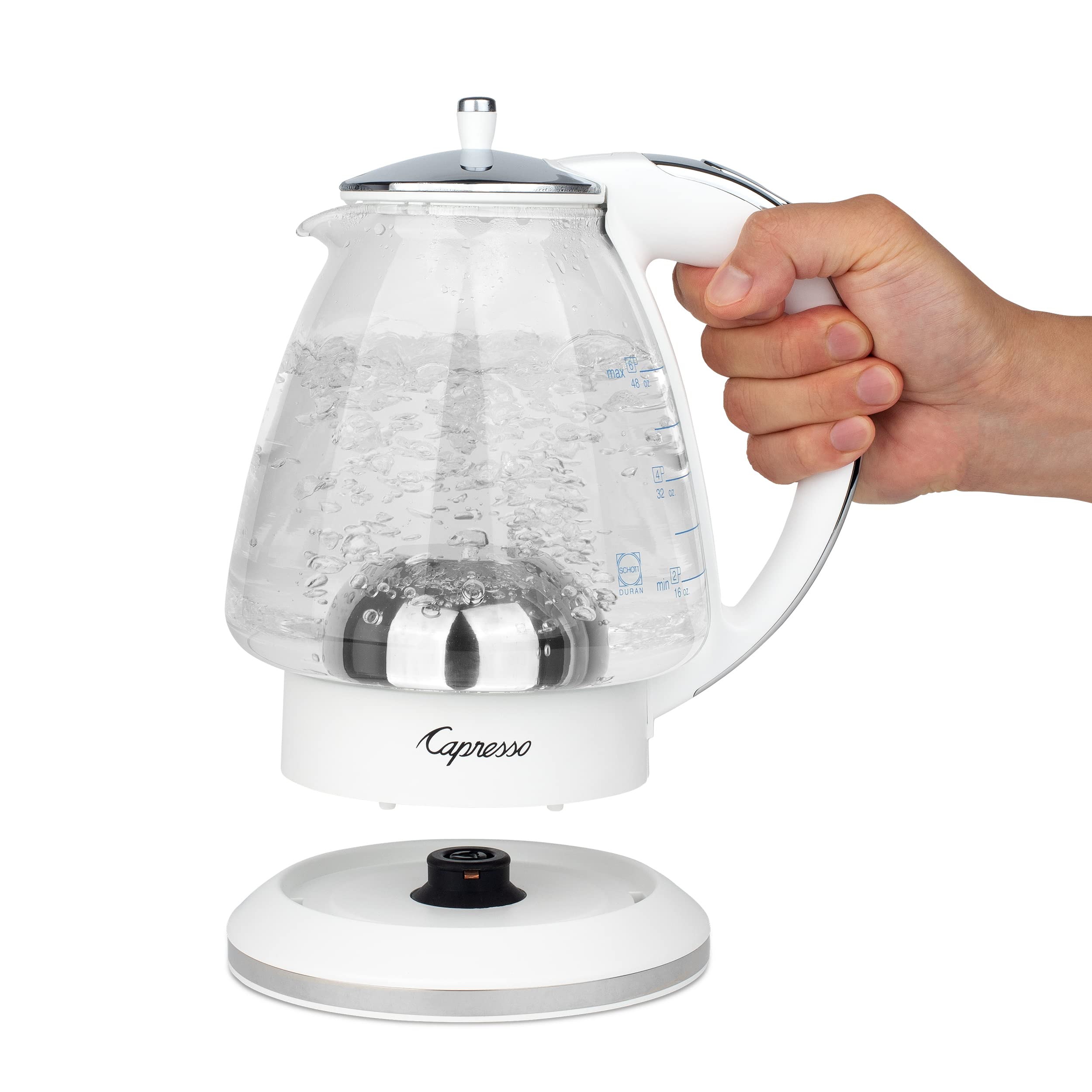 Capresso H2O Glass Kettle, 240.02, White and polished chrome, 48 ounces
