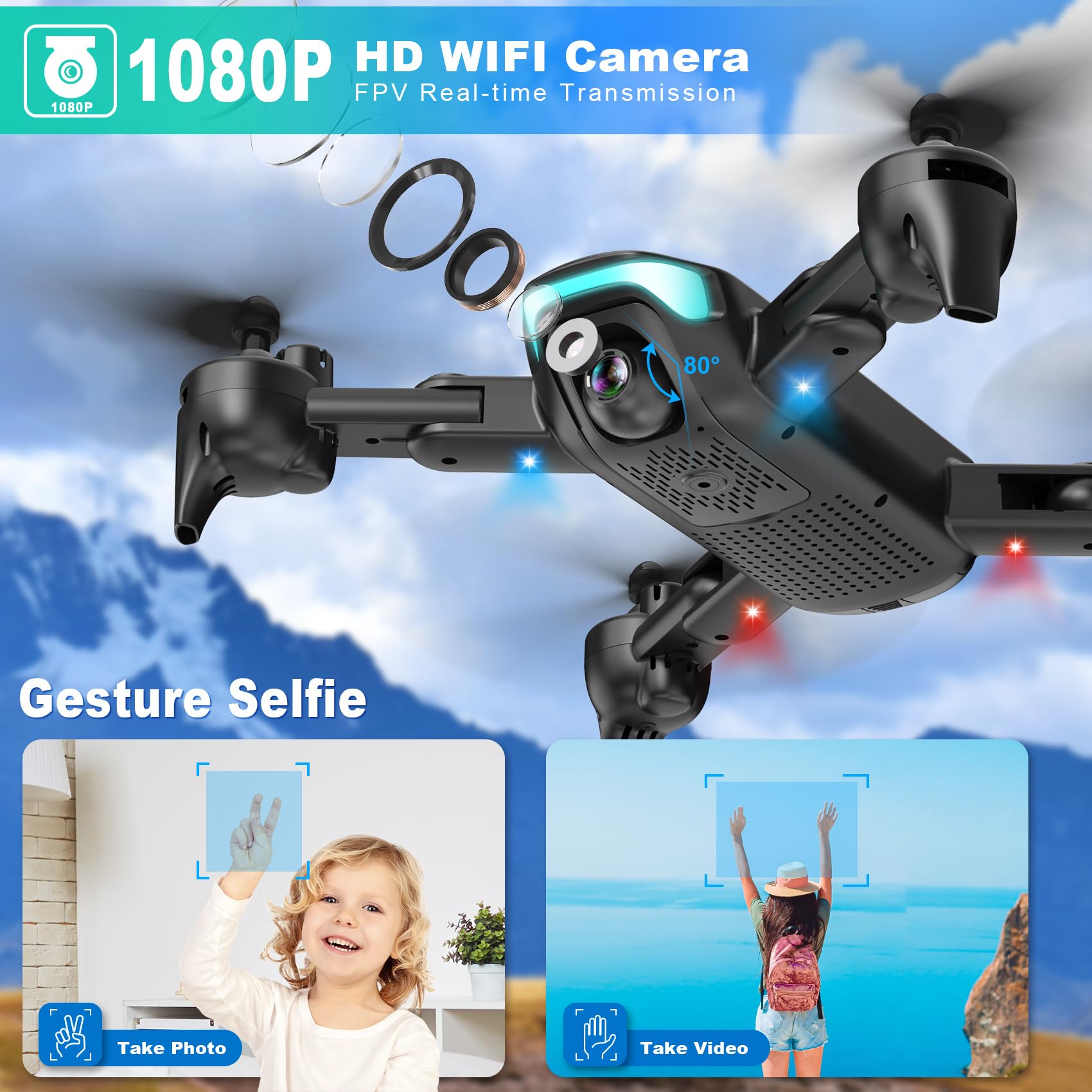 REDRIE Drone with Camera - Foldable Drone for Kids Adults with 1080P FPV Camera, Upgrade Altitude Hold, Gestures Selfie, Waypoint Fly, Headless Mode, 3D Flip, One Key Start, 3 Speed Mode, Circle Fly, 2 Batteries