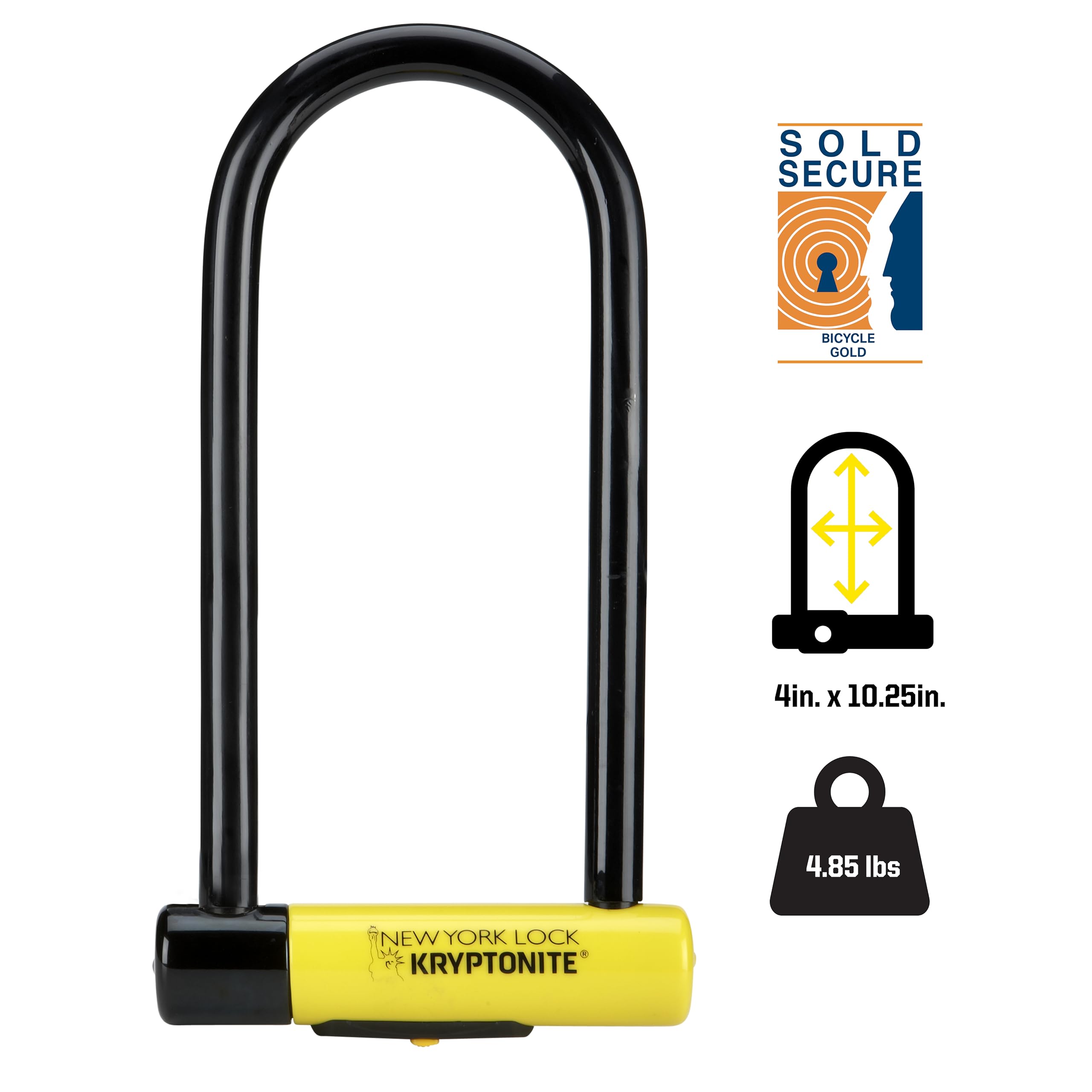 Kryptonite New York Long Shackle Bike U-Lock, Heavy Duty Anti-Theft Security Bicycle Lock Sold Secure Gold, 16mm Long Shackle with Keys, Ultimate Security Lock for Bicycles E-Bikes Scooters