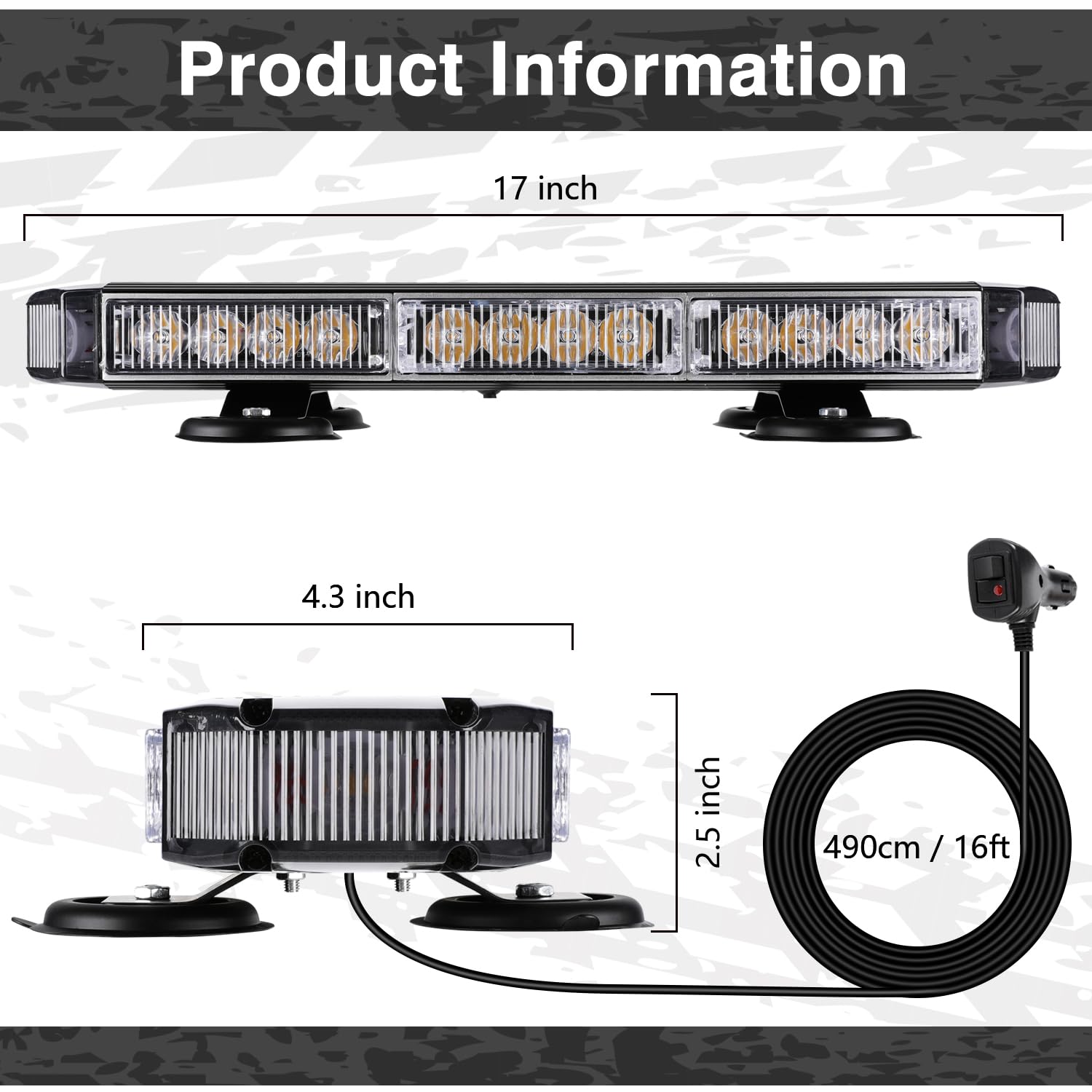 RONSTA 17" Emergency LED Strobe Flashing Light Bar, Amber 30 LED Warning Safety Flashing Lights with Magnetic and 16 ft Straight Cord for Vehicle Forklift Rooftop