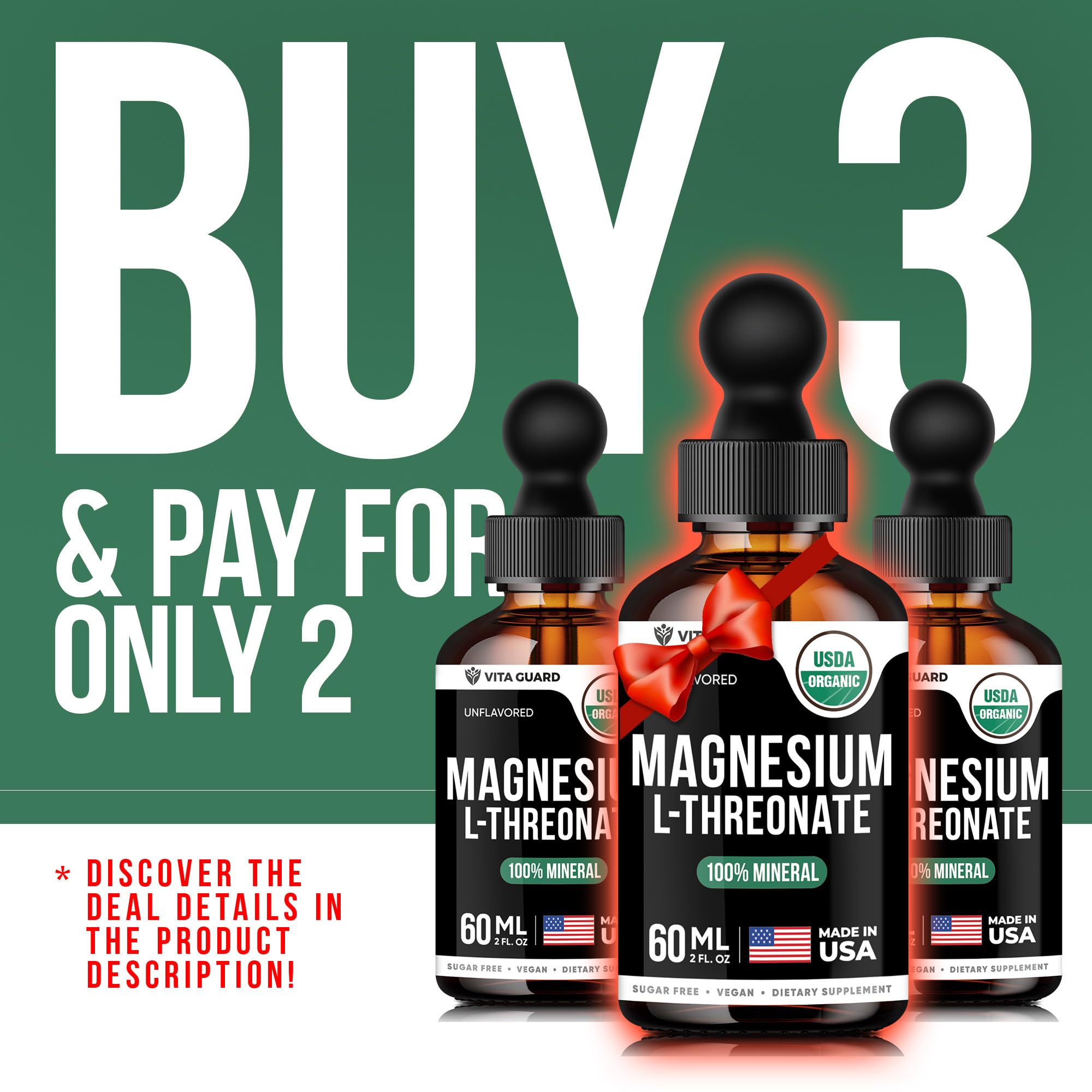 Vita Guard Magnesium L-Threonate Liquid Drops - 500mg Vegan Formula for Brain Health & Stress Relief, Unflavored, 60ML 2 fl oz | Gluten-Free, Non-GMO