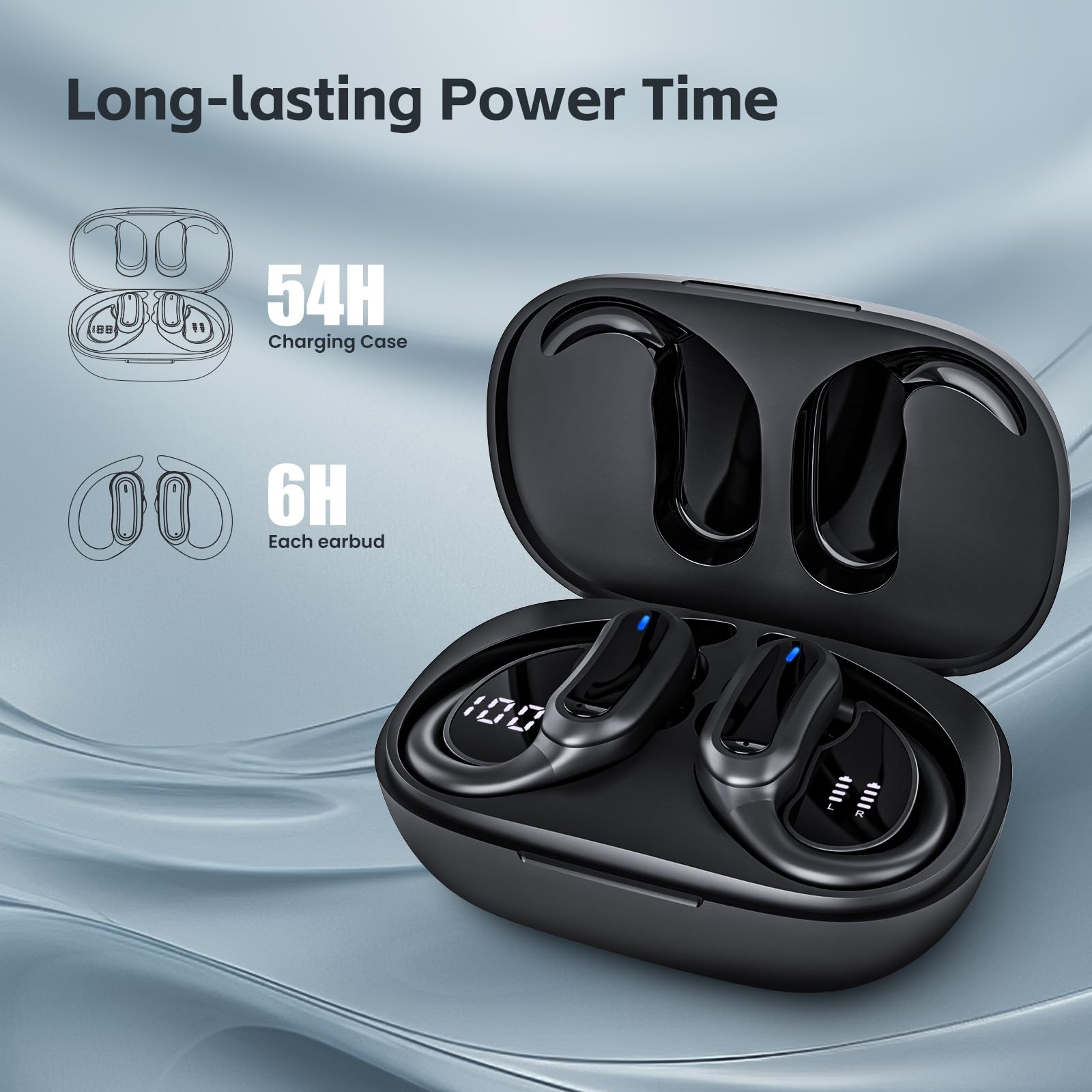 Wireless Earbuds Bluetooth Headphones, Bluetooth 5.3 Stereo over Ear Buds,Noise Cancelling Mic, IPX7 Waterproof Headset for Workout/Running Black