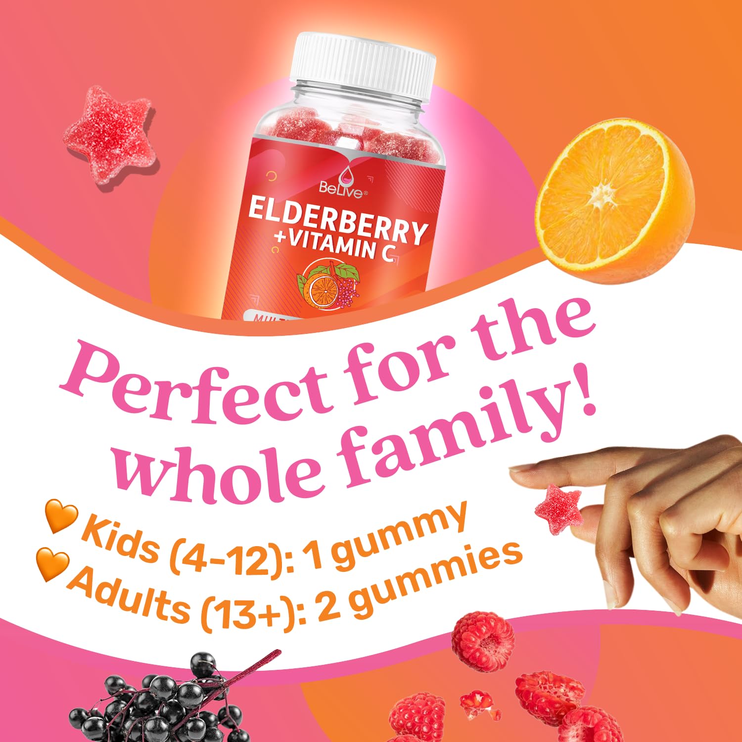 BeLive Elderberry Gummies with Zinc and Vitamin C , D, A, E, B12 - 50 Ct I Immune Support Supplement for Healthy Bones & Teeth, Sugar Free Vegan, Keto & non-GMO - Raspberry Flavor